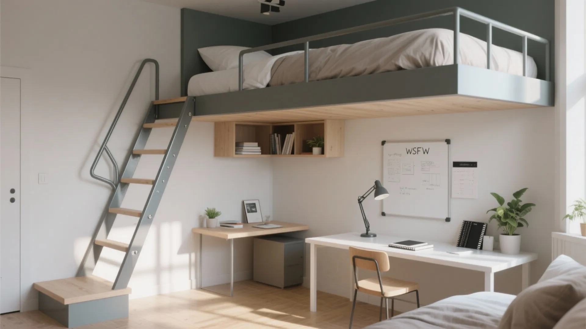 Grey loft bed with metal ladder above a white desk and workspace in small room