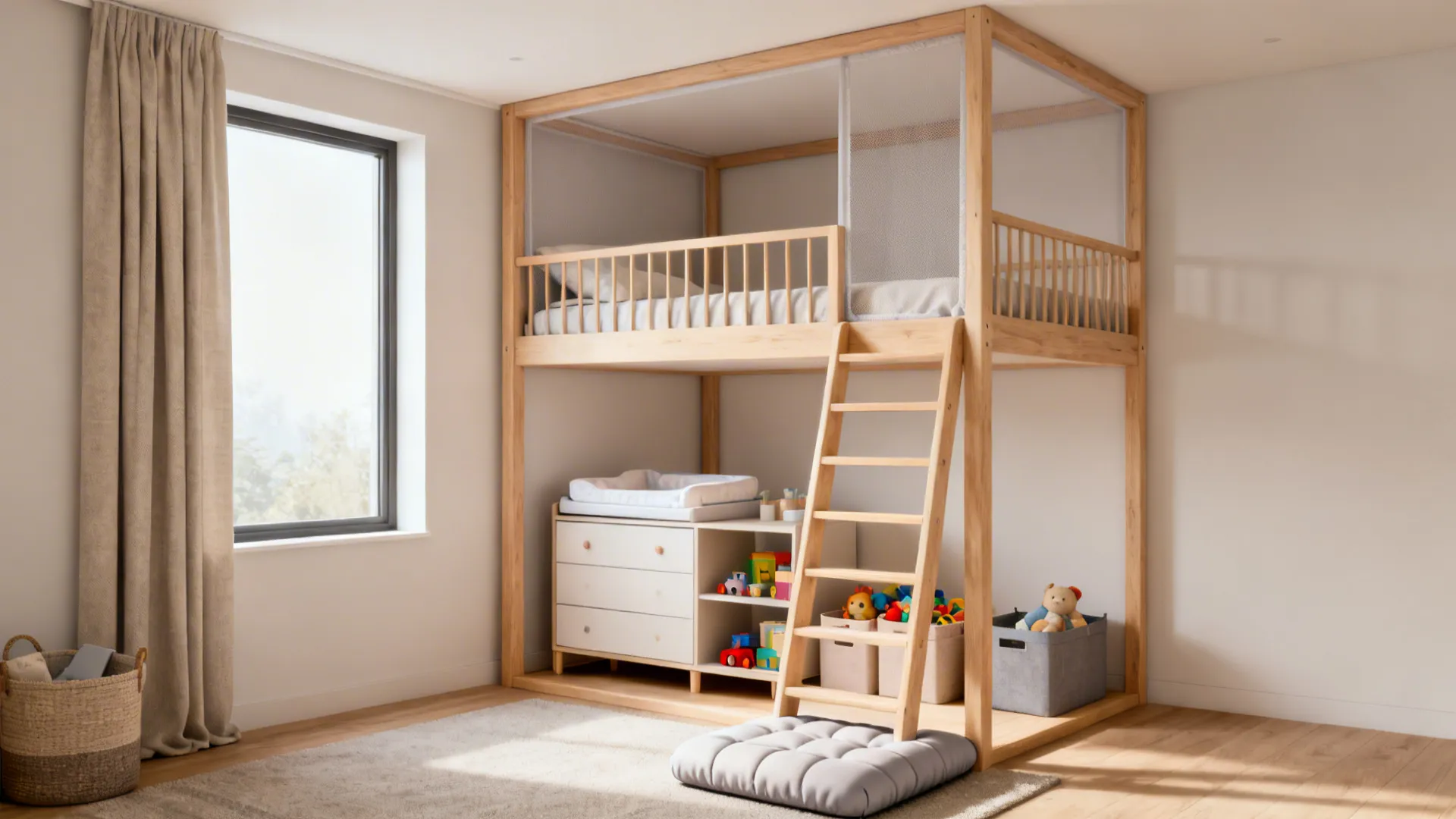 Wooden loft bed with ladder in nursery featuring storage cabinet toys and large sunny window view