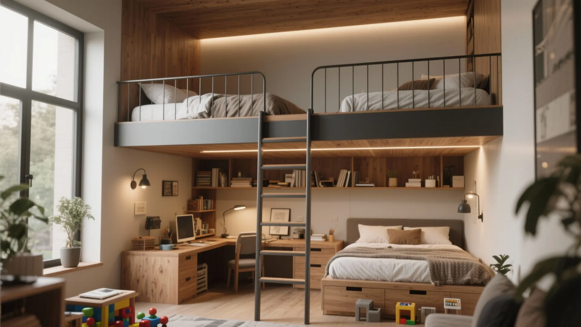 5. Lofted twin plus lower bed (stacked or raised)