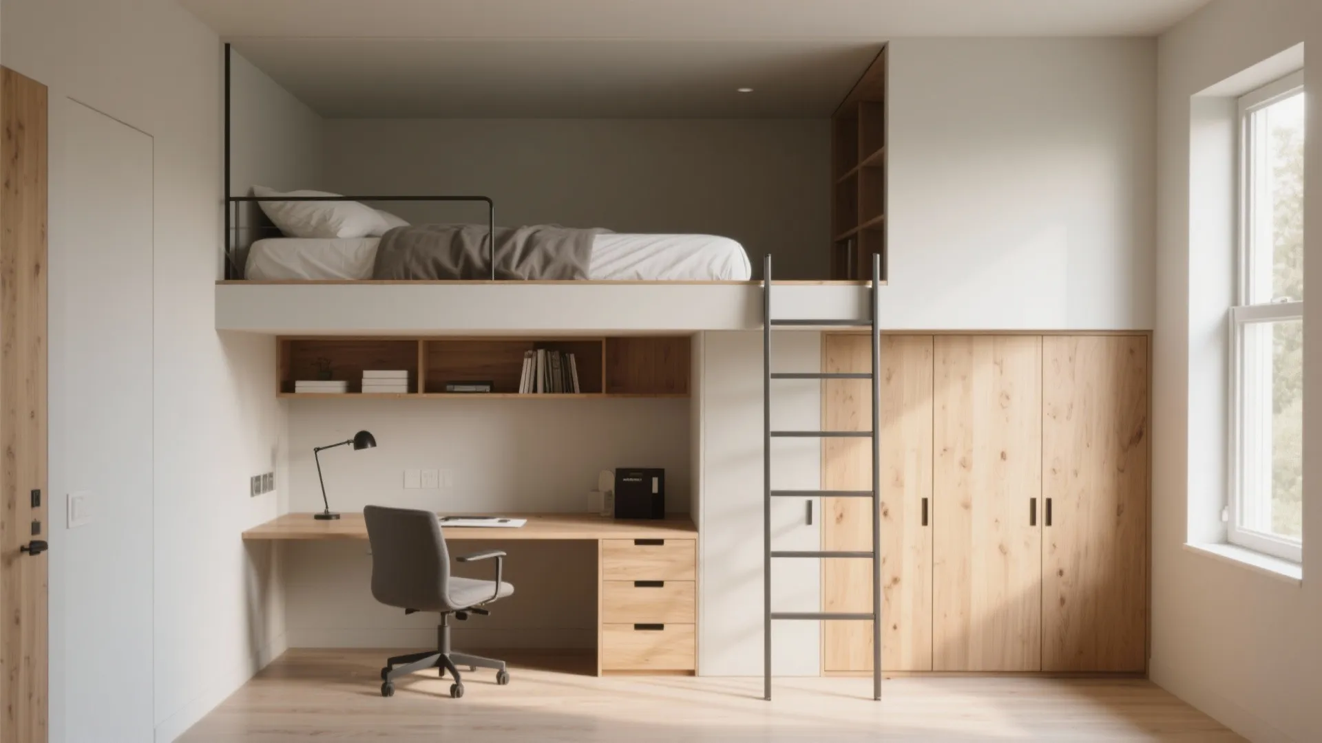 2. Lofted Wall Bed with Sliding Desk
