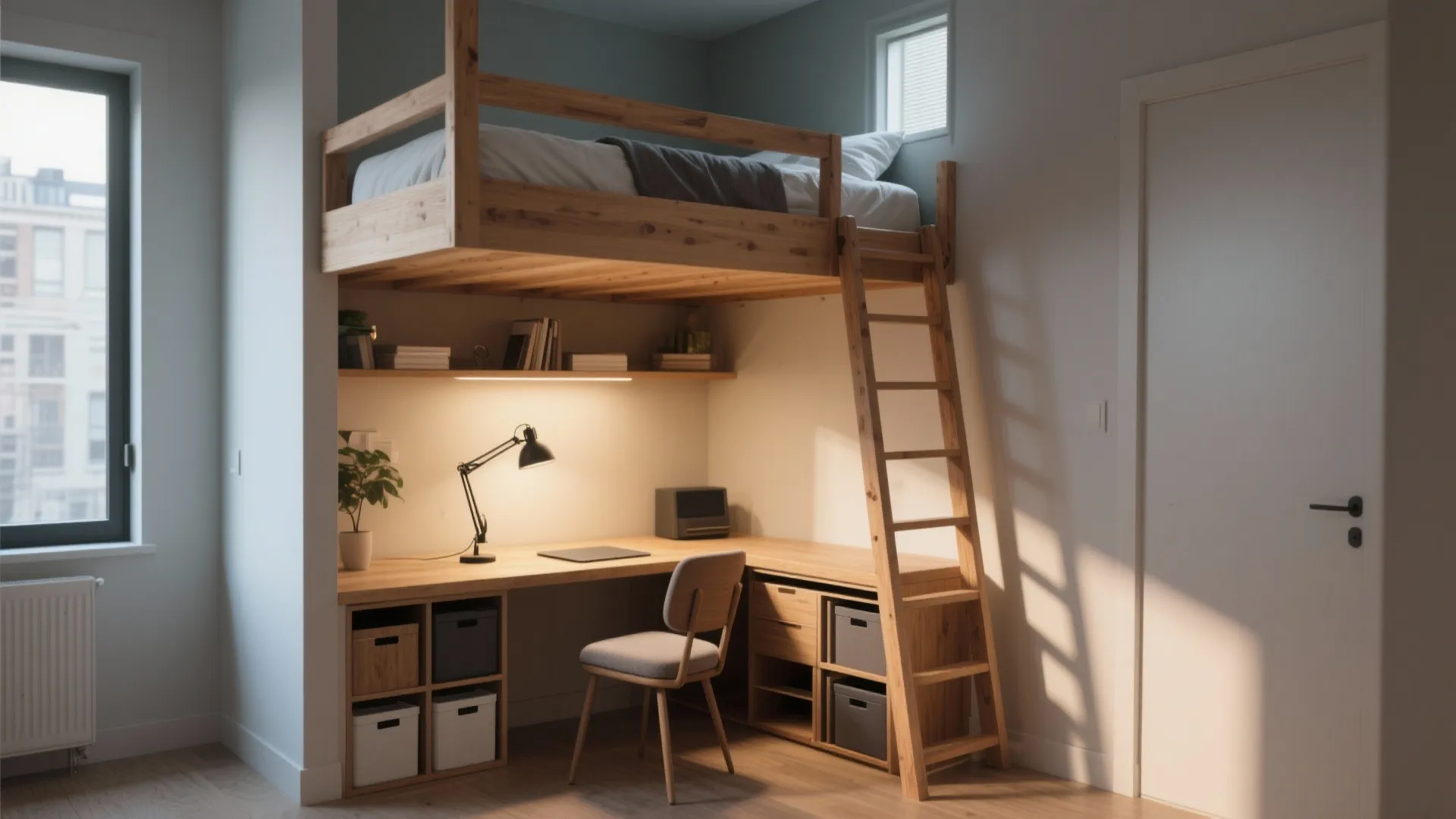 Lofted corner bed with ladder and a compact work nook beneath, featuring sliding storage bins and warm lighting.