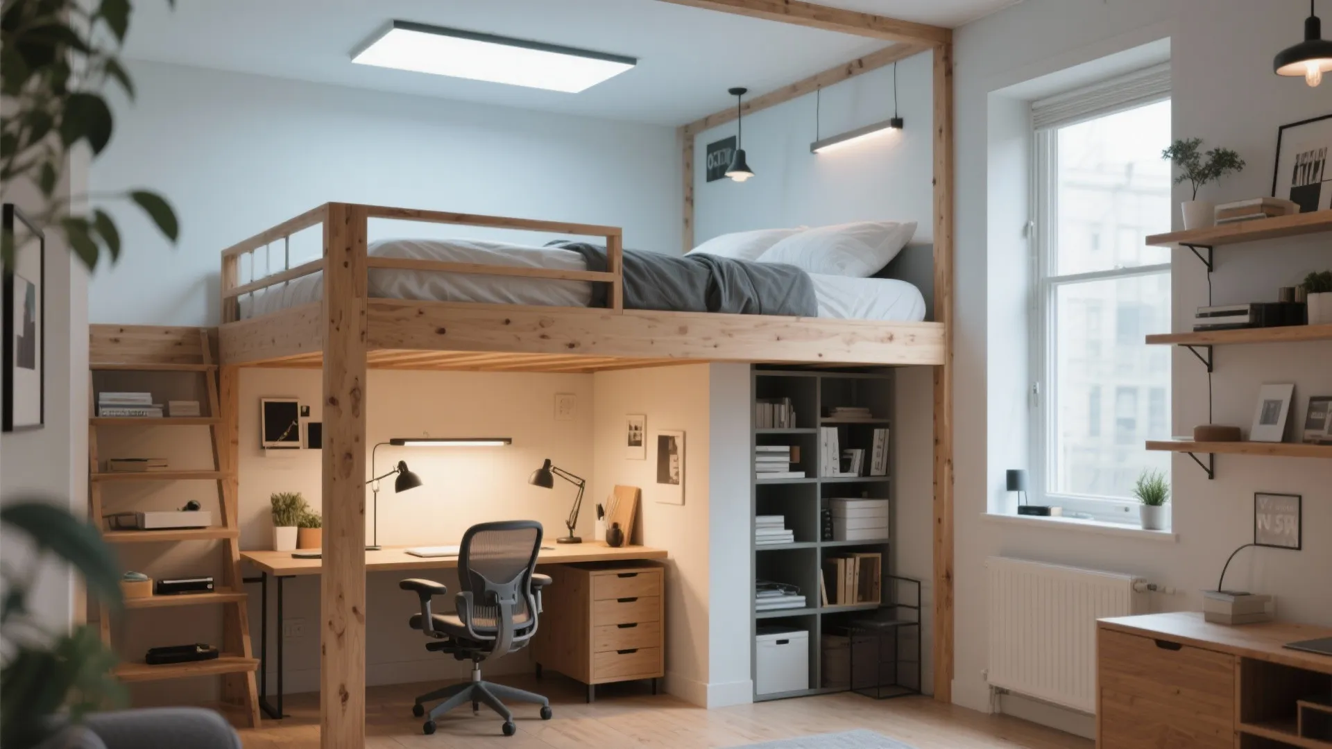 Lofted bed design with desk and shelves underneath in studio apartment