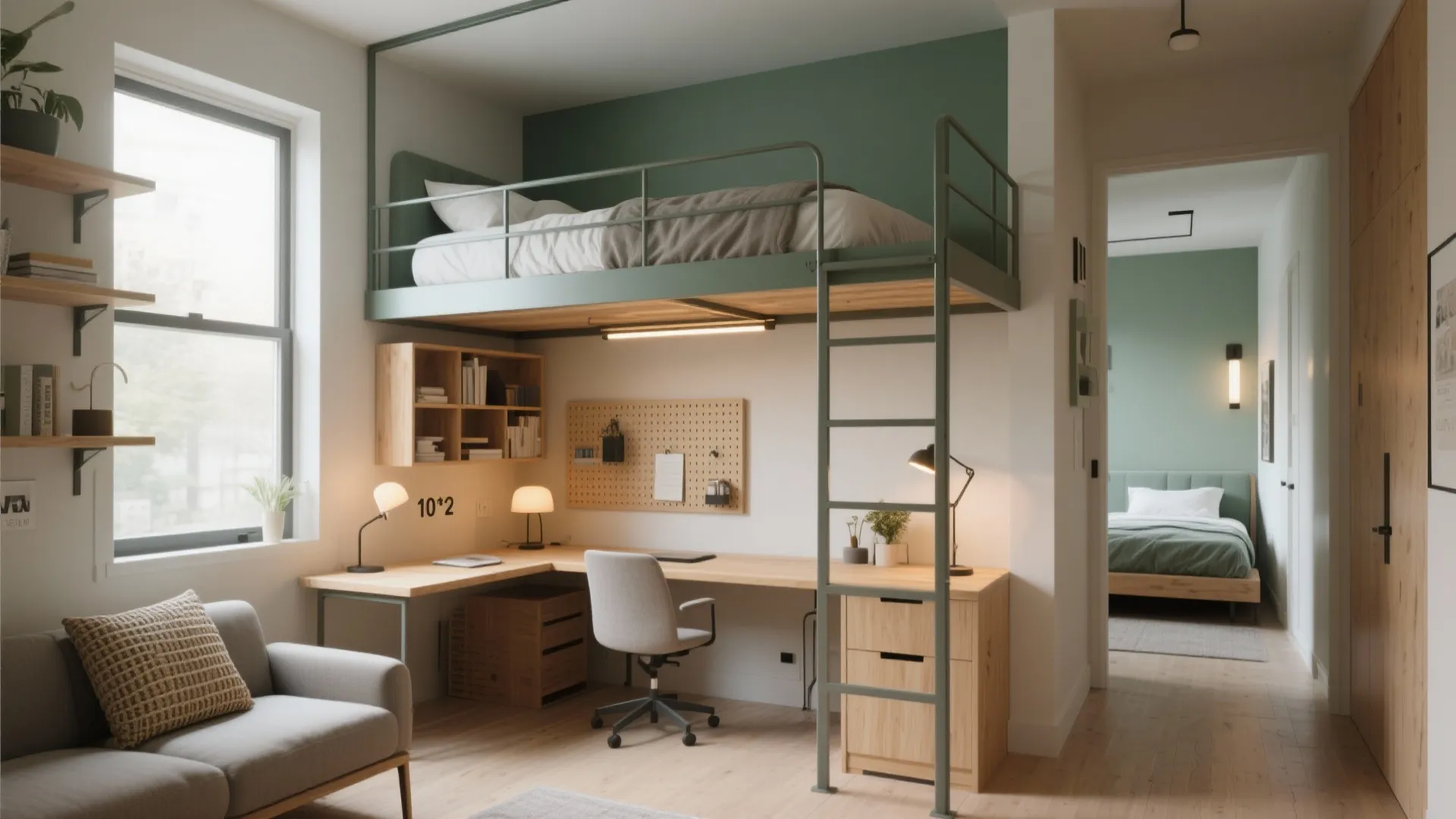 Lofted bed with a zoned workspace underneath, showing desk, shelving, and warm task lighting.