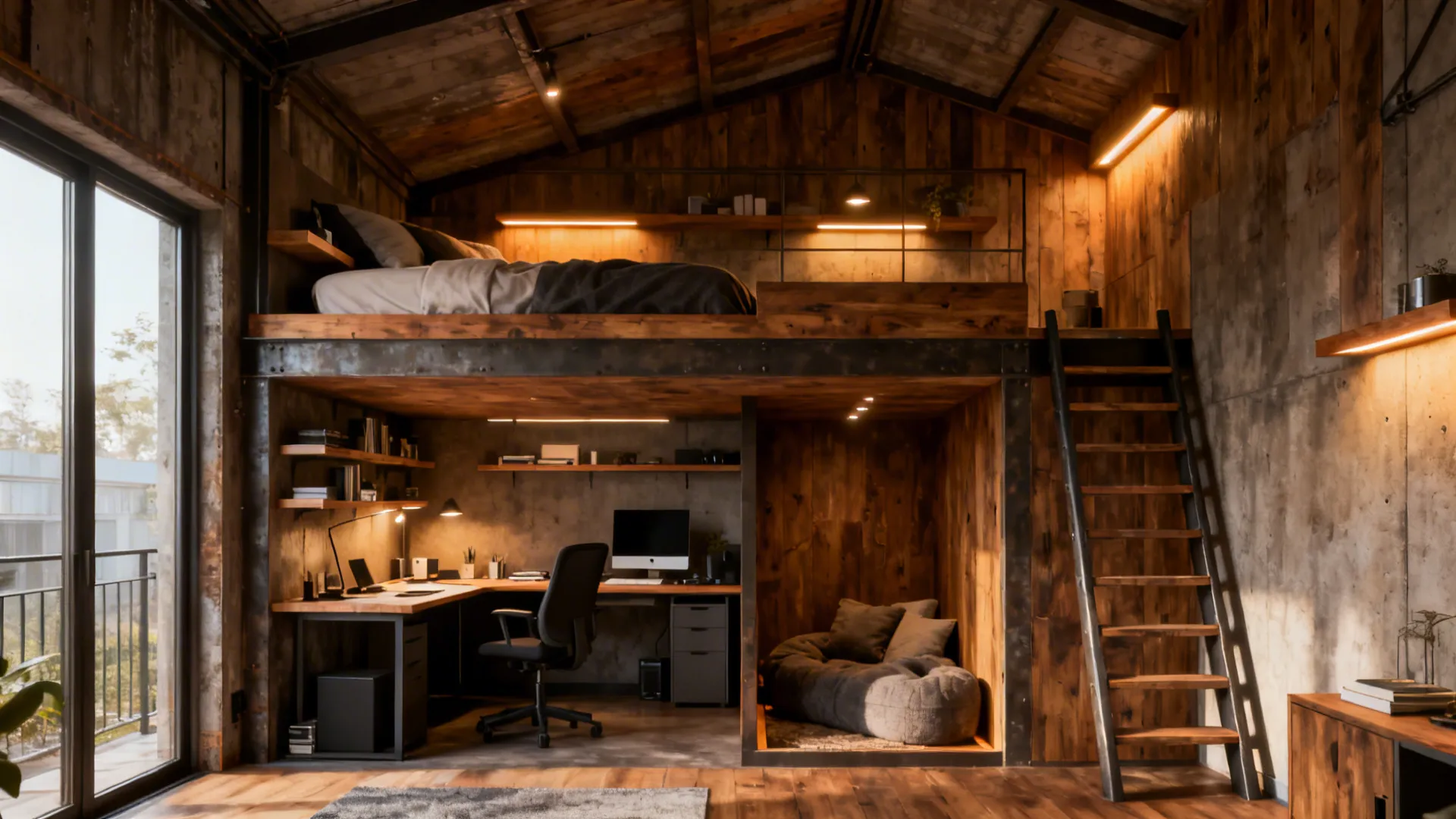 3. Lofted platform with workspace underneath