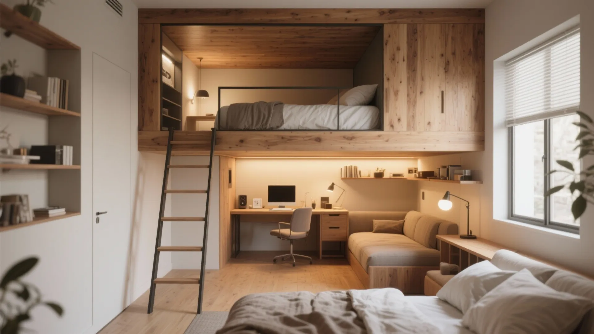 Modern studio apartment with wooden loft bed over a home office desk and beige sofa
