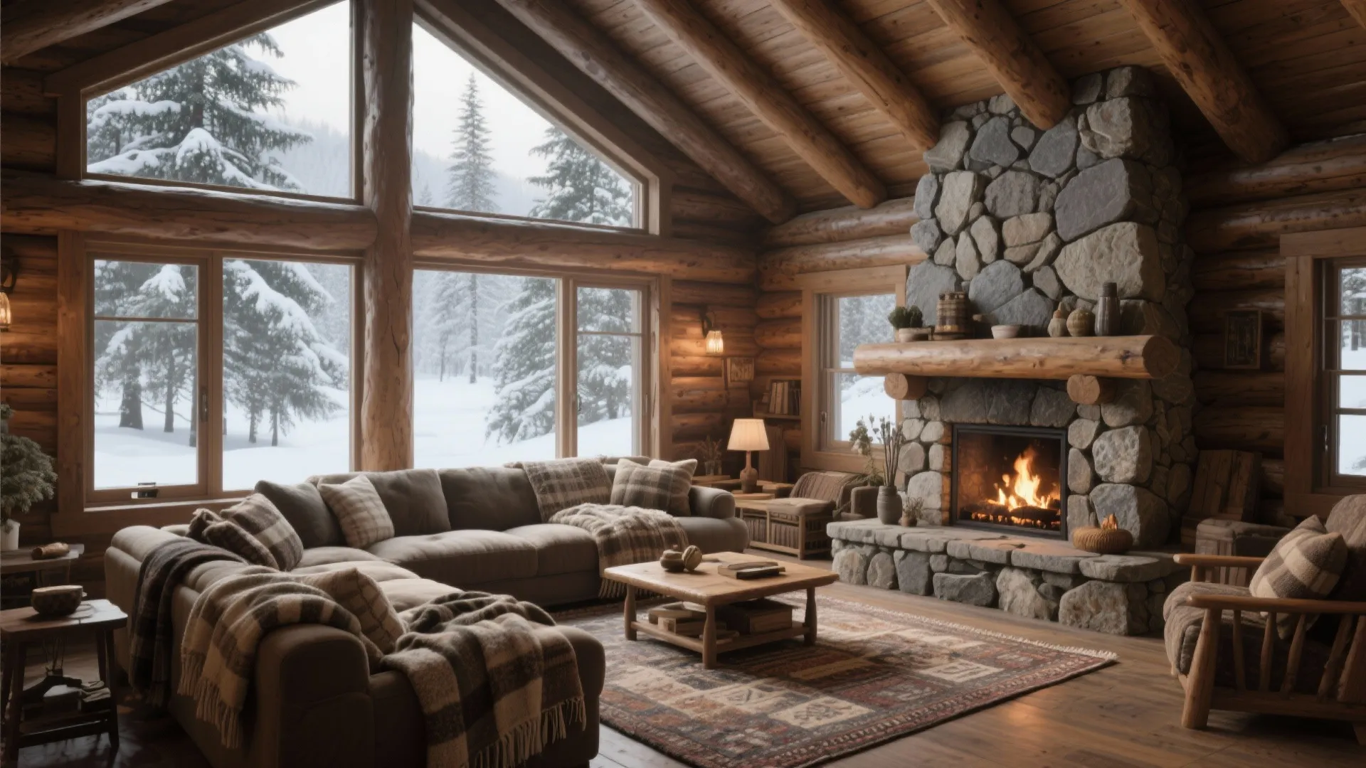 Cozy cabin living room with stone fireplace large windows showing snow and a brown sofa