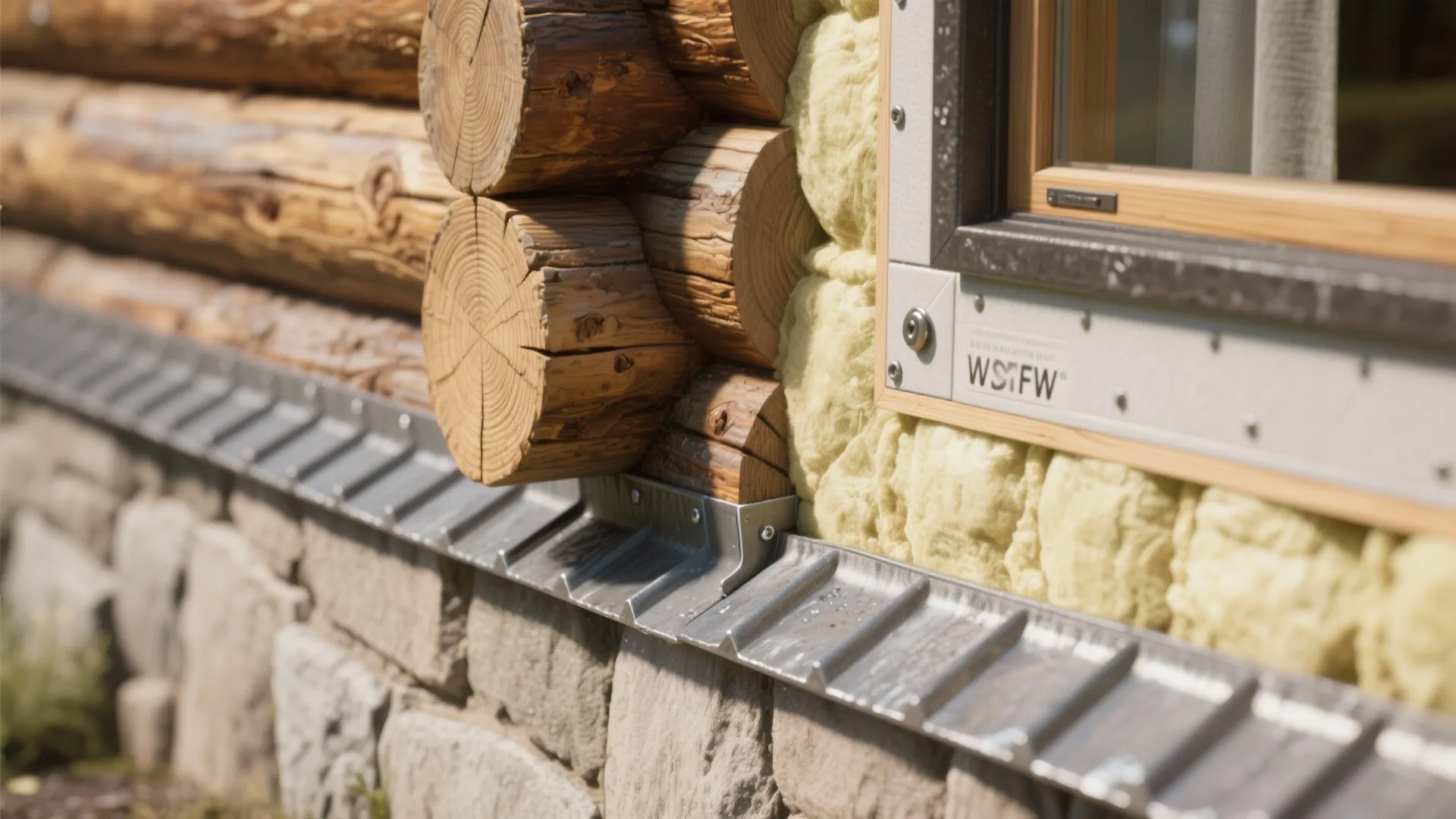 Close up of log cabin wall insulation details around a window frame with metal flashing