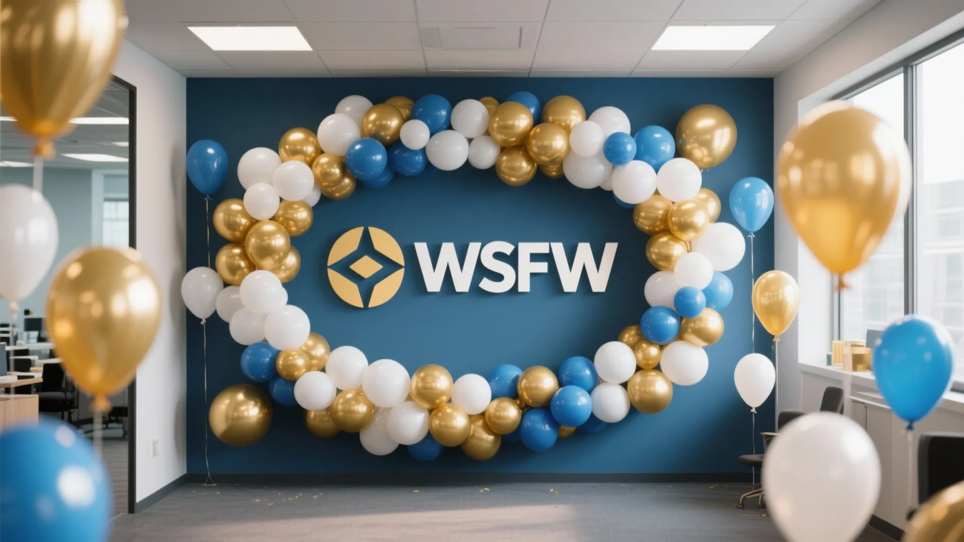 Modern office wall with blue background and a large circle of white gold blue balloons
