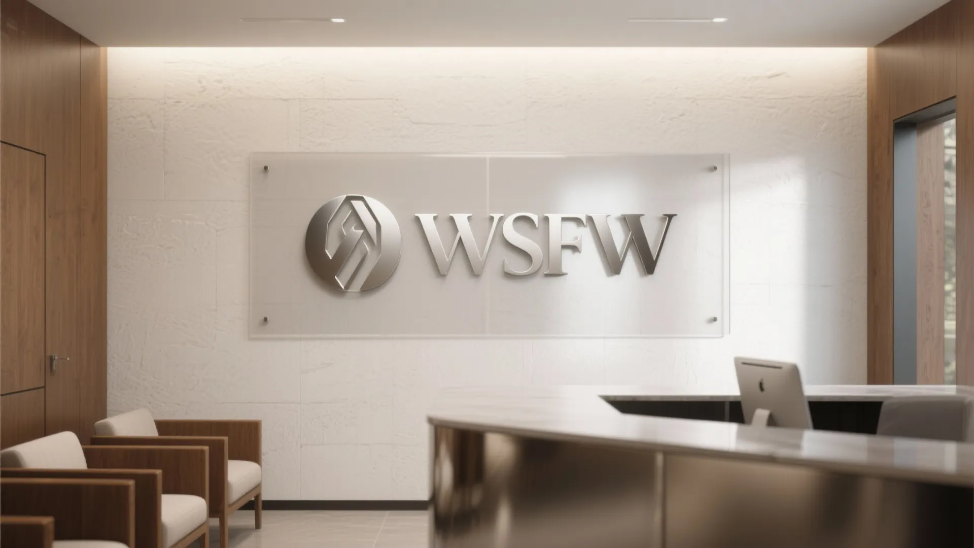 Elegant office reception with metal company logo on clear glass panel and warm wooden wall accents