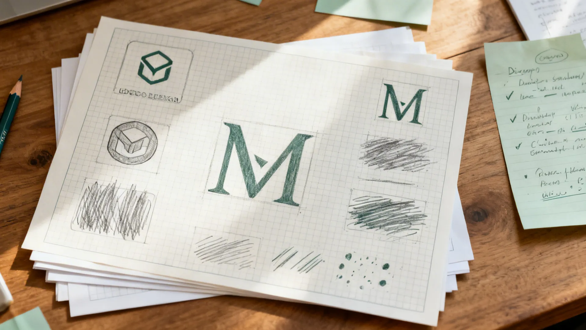 Top-down storyboard of logo discovery, sketches, vector trials, and exports.