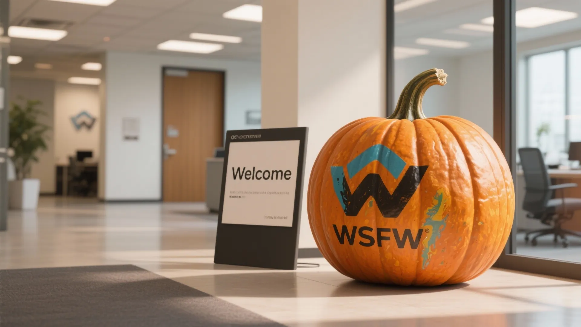 Pumpkin with corporate-inspired painted logo in office lobby