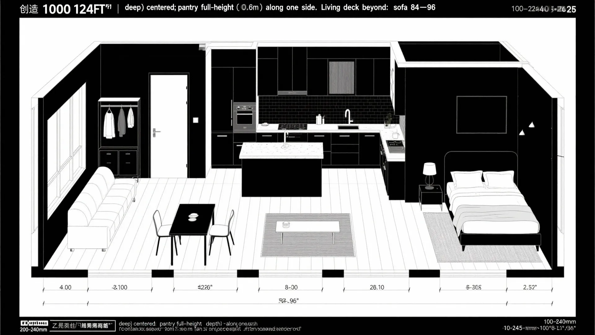Top-down CAD plan showing central kitchen-storage spine splitting public and private zones