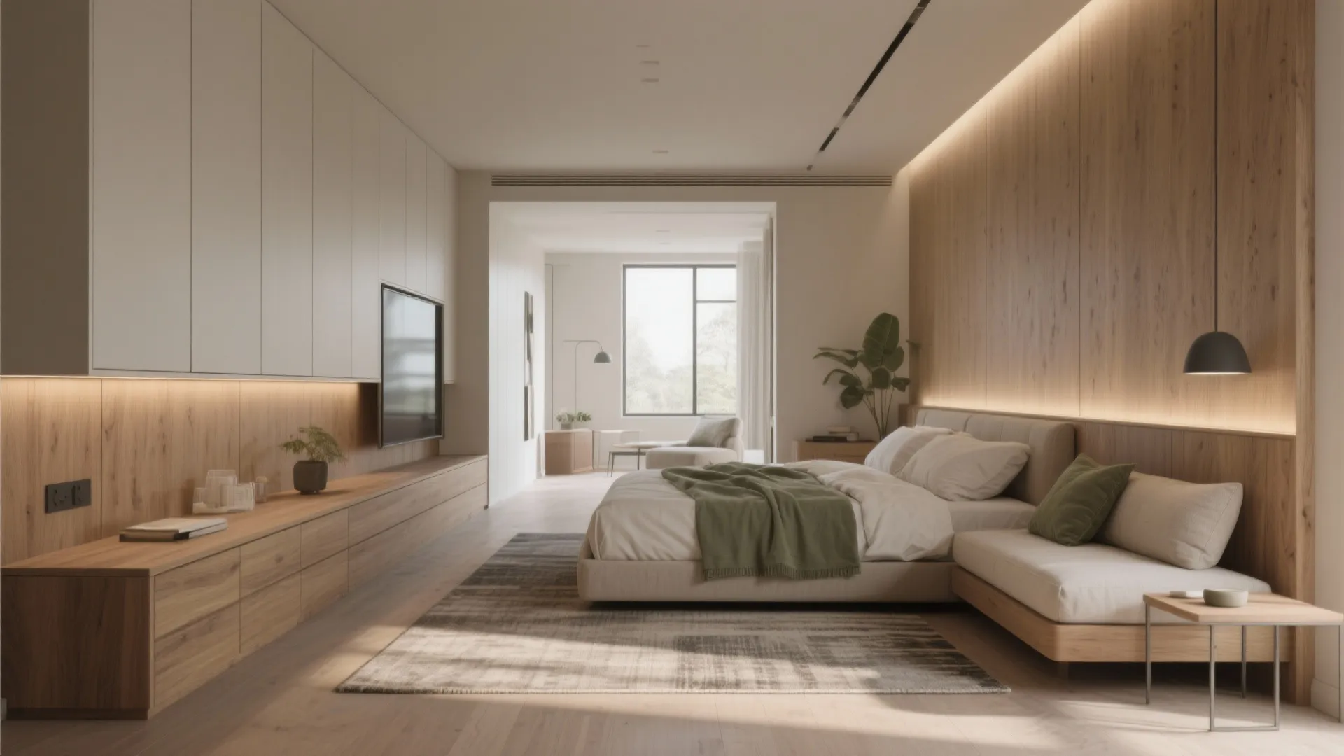 Modern long bedroom with wood wall panels large bed tv cabinet and soft warm light fixture