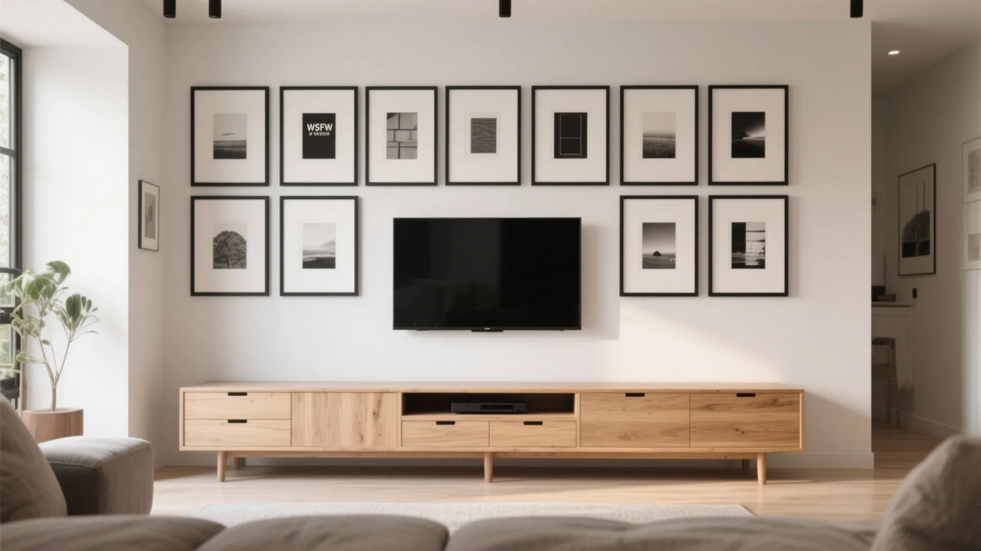 Large wooden cabinet below a wall mounted television surrounded by black framed artwork in rows