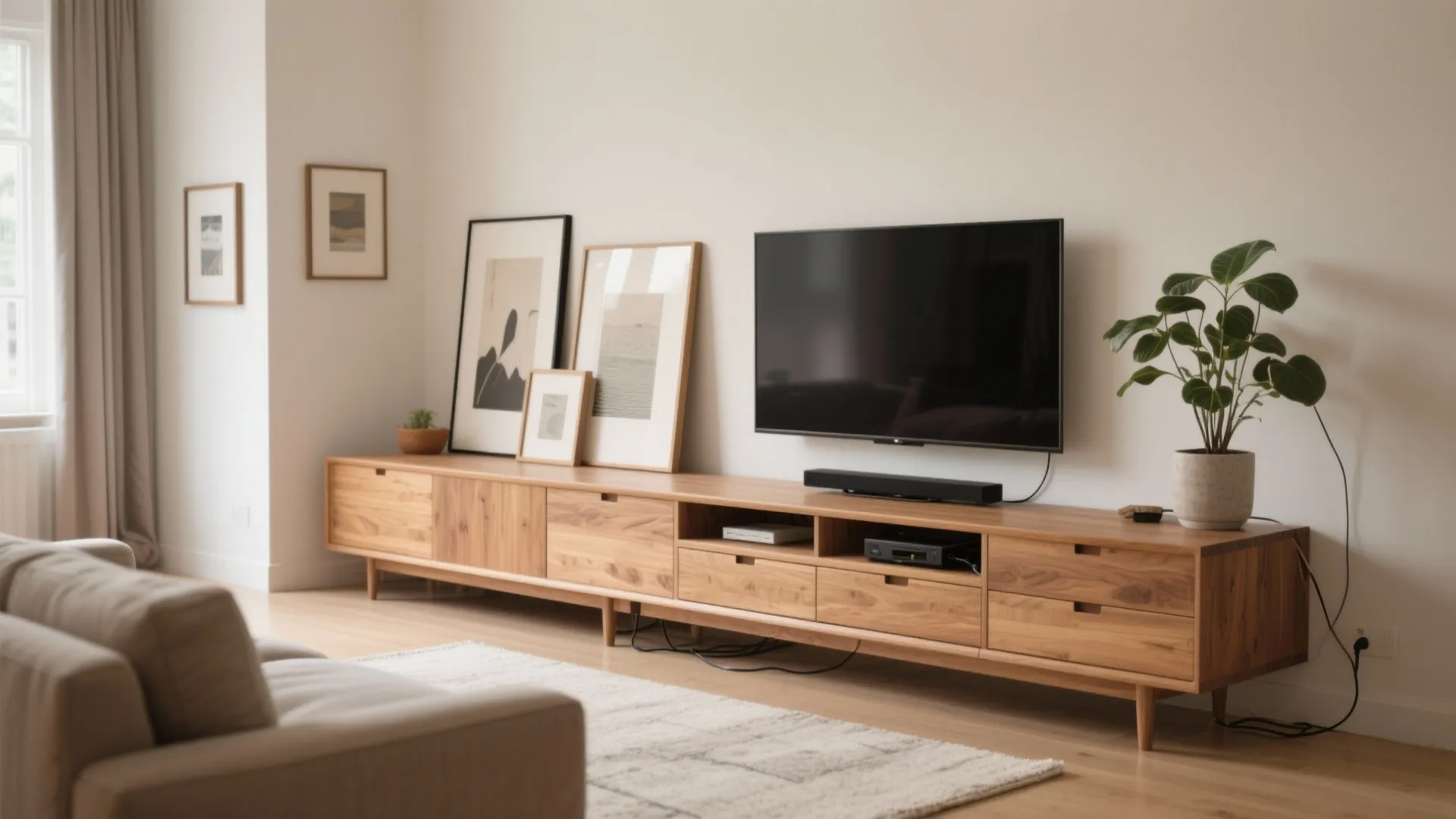 Low, long media console with layered art