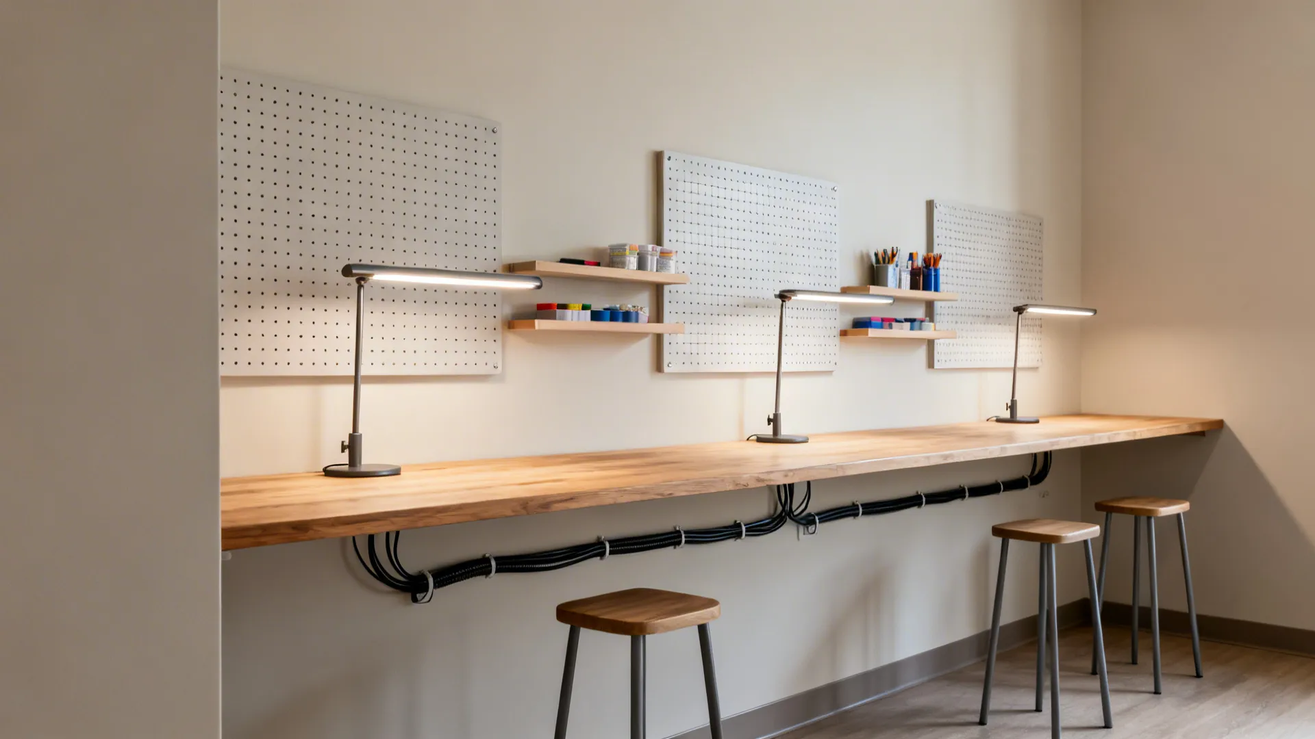 Long oak desk with two task lights, pegboards and slim stools creating two stations in a small room.