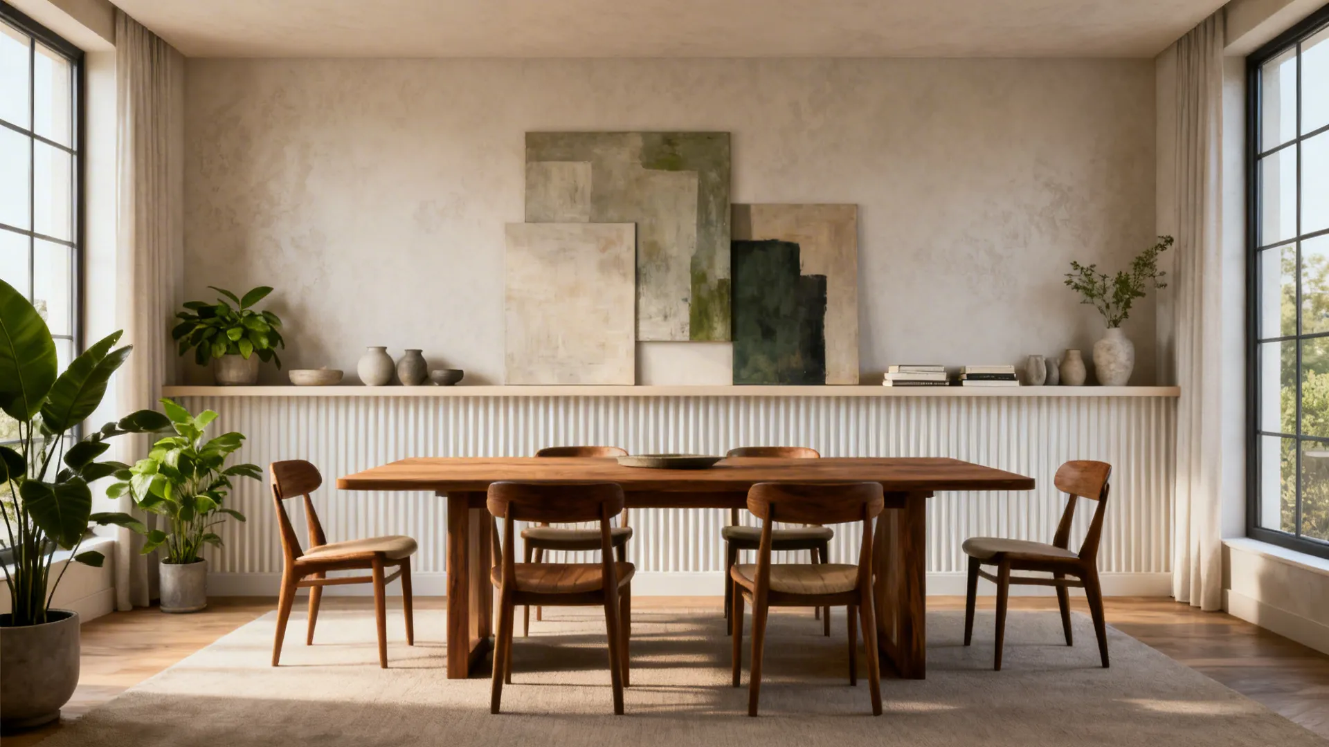 Wooden dining table and chairs in front of a white wall panel with art and plants
