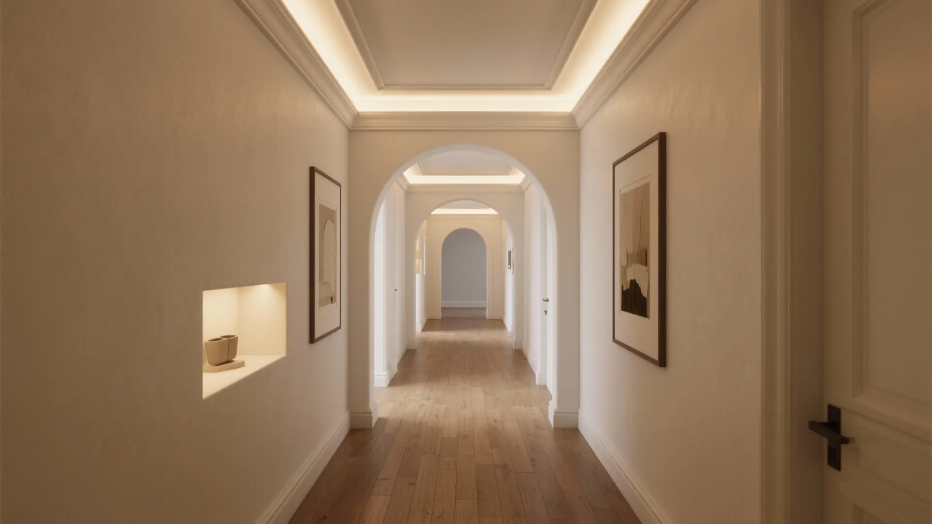 Long white hallway with arched doorways wooden floor warm ceiling lights and framed pictures wall