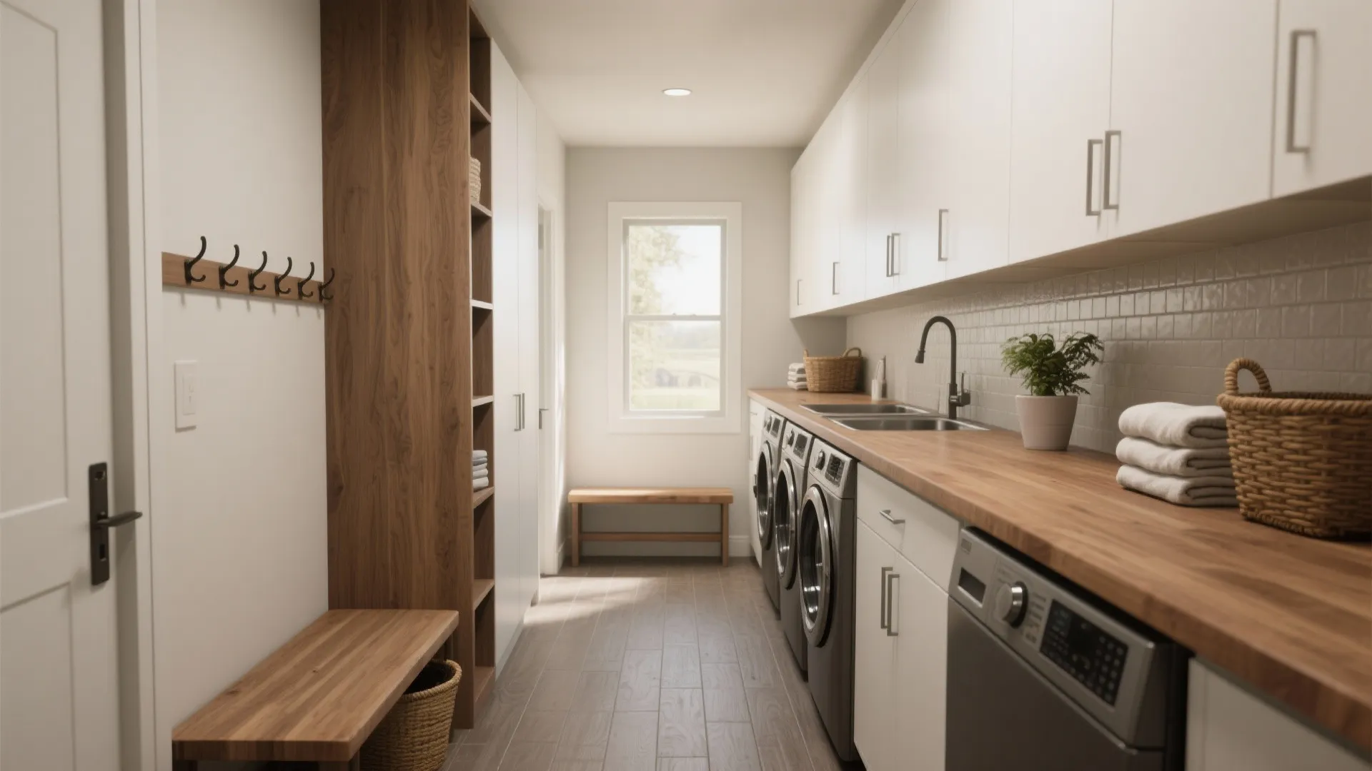 Modern laundry room featuring white cabinets, wooden countertops, front load washing machines, and natural light