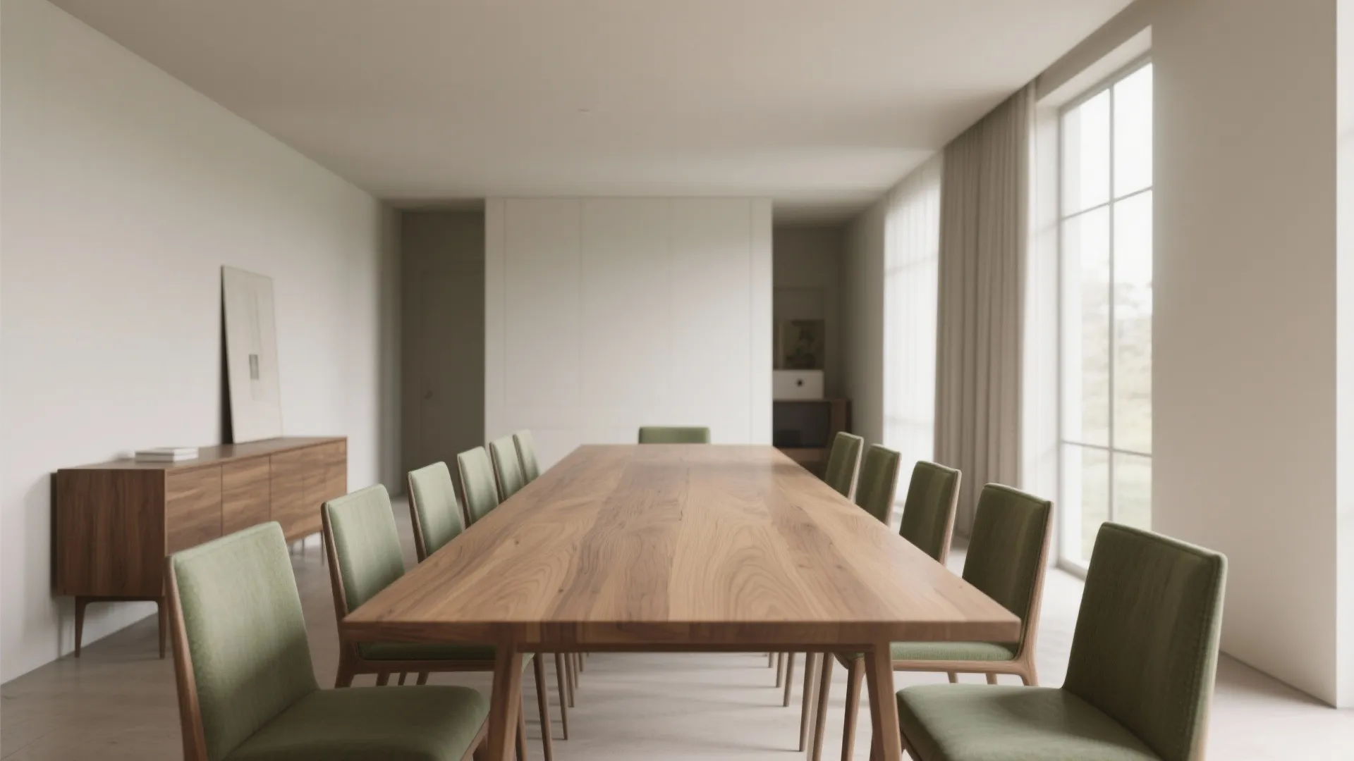 Long wooden dining table with green chairs in a bright room with a wooden cabinet