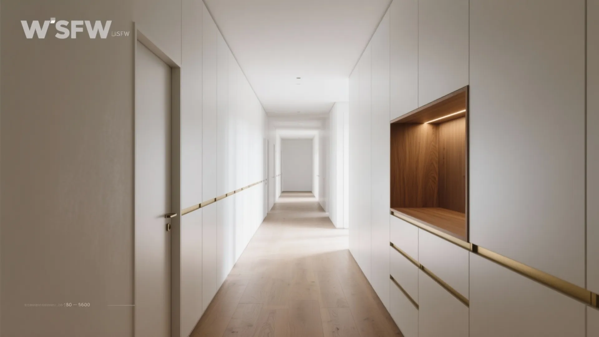 Modern white hallway with built in cabinets wooden storage nook gold handles and wood floor design