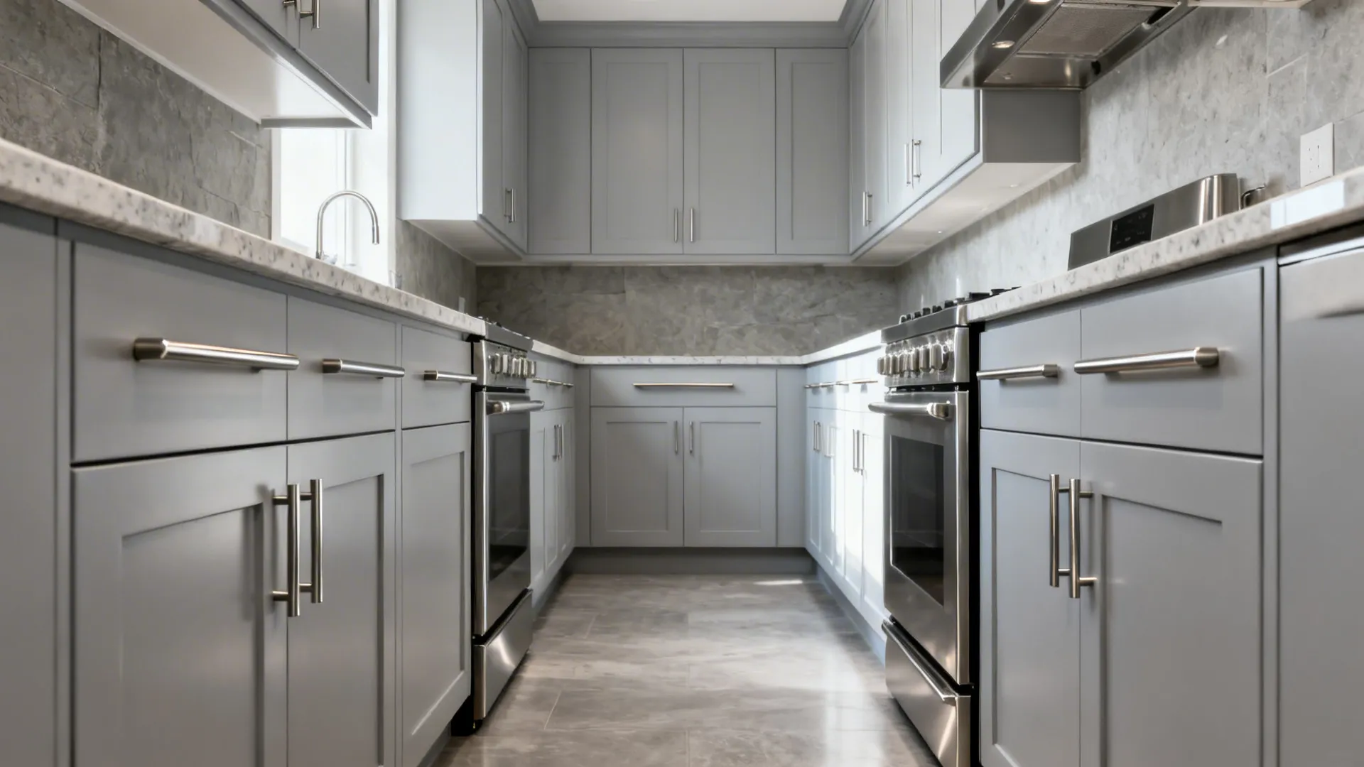 Long brushed nickel bar pulls create a sleek horizontal line in a narrow kitchen.
