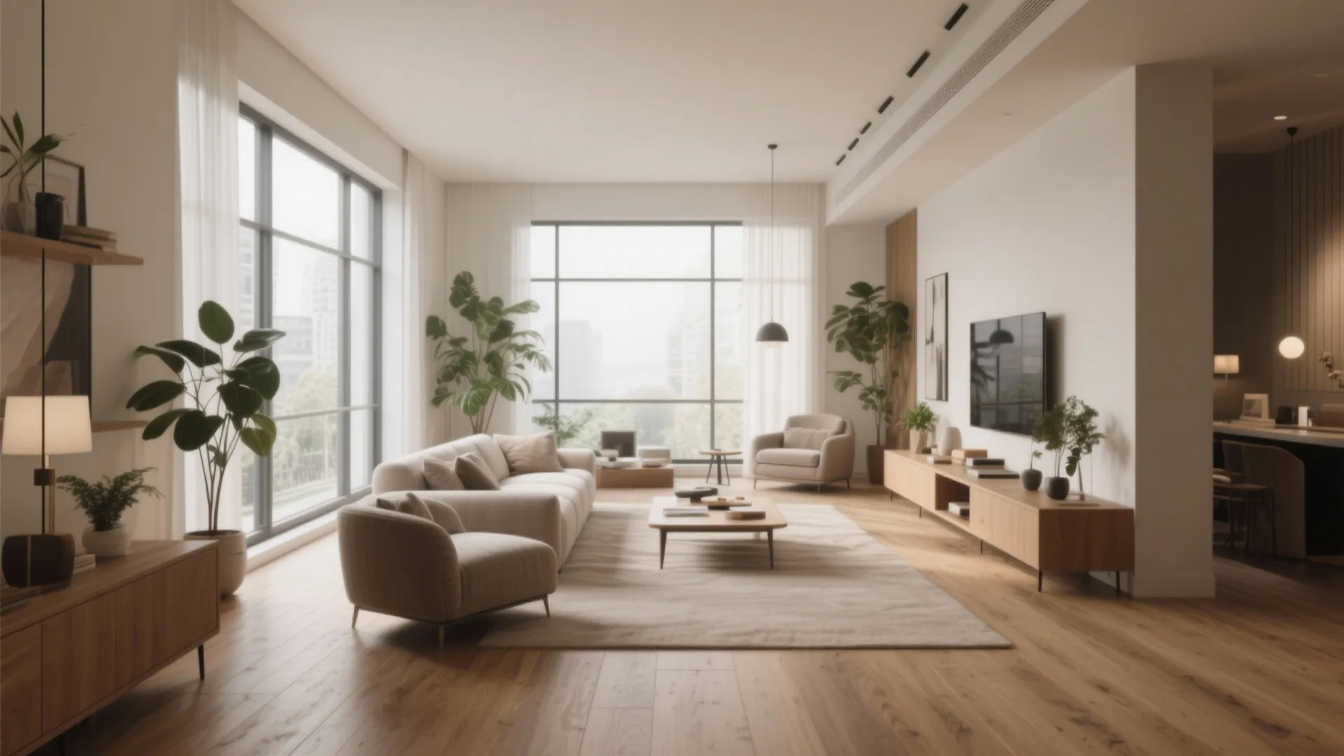 Modern bright living room with large windows wooden floor white sofa and green indoor plants