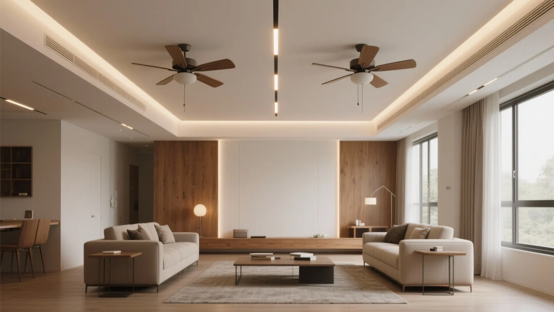 Modern living room with two ceiling fans beige sofas wood wall panels and floor coffee table