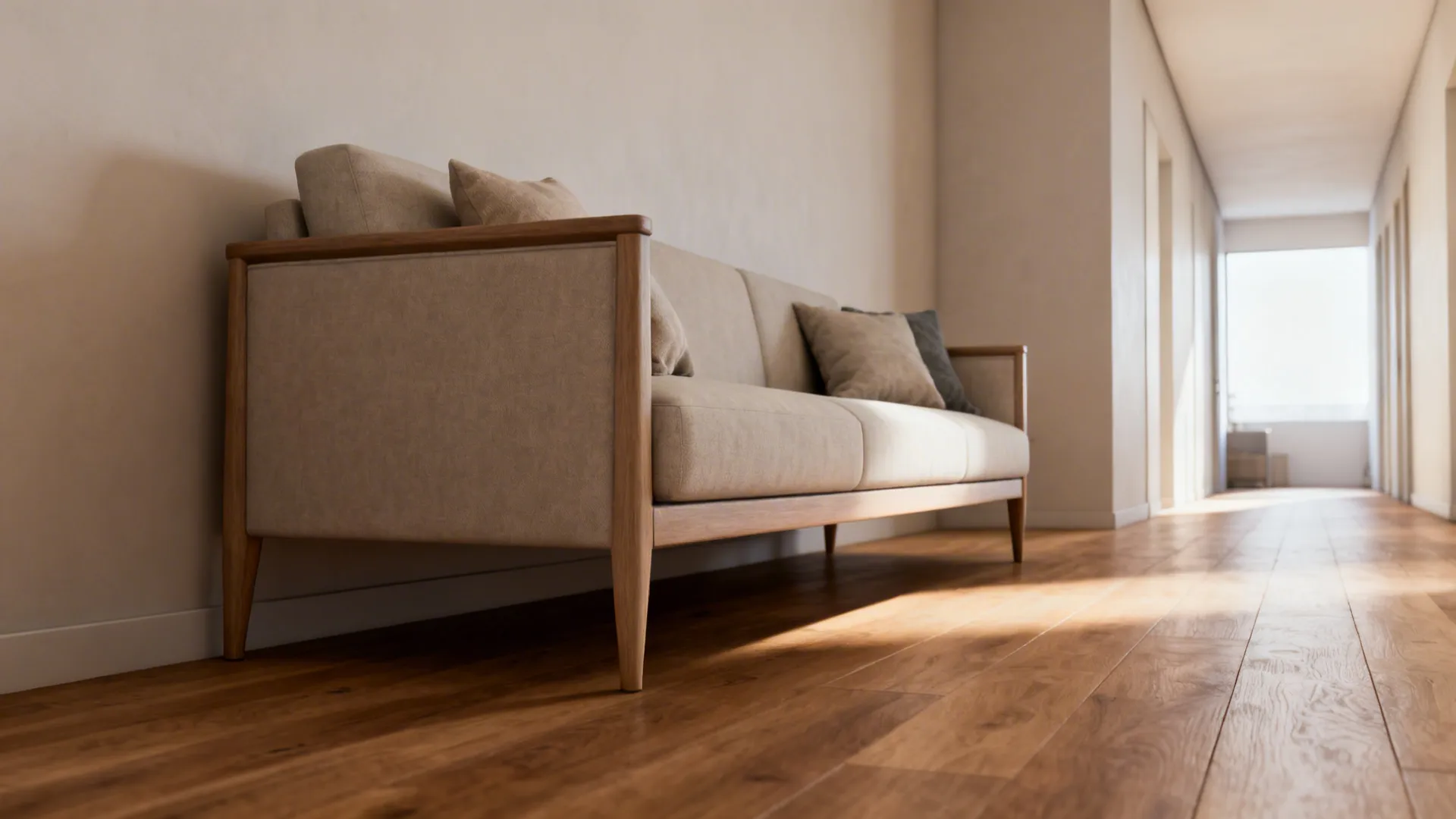Long low beige sofa with wooden frame placed in a bright hallway with wood flooring