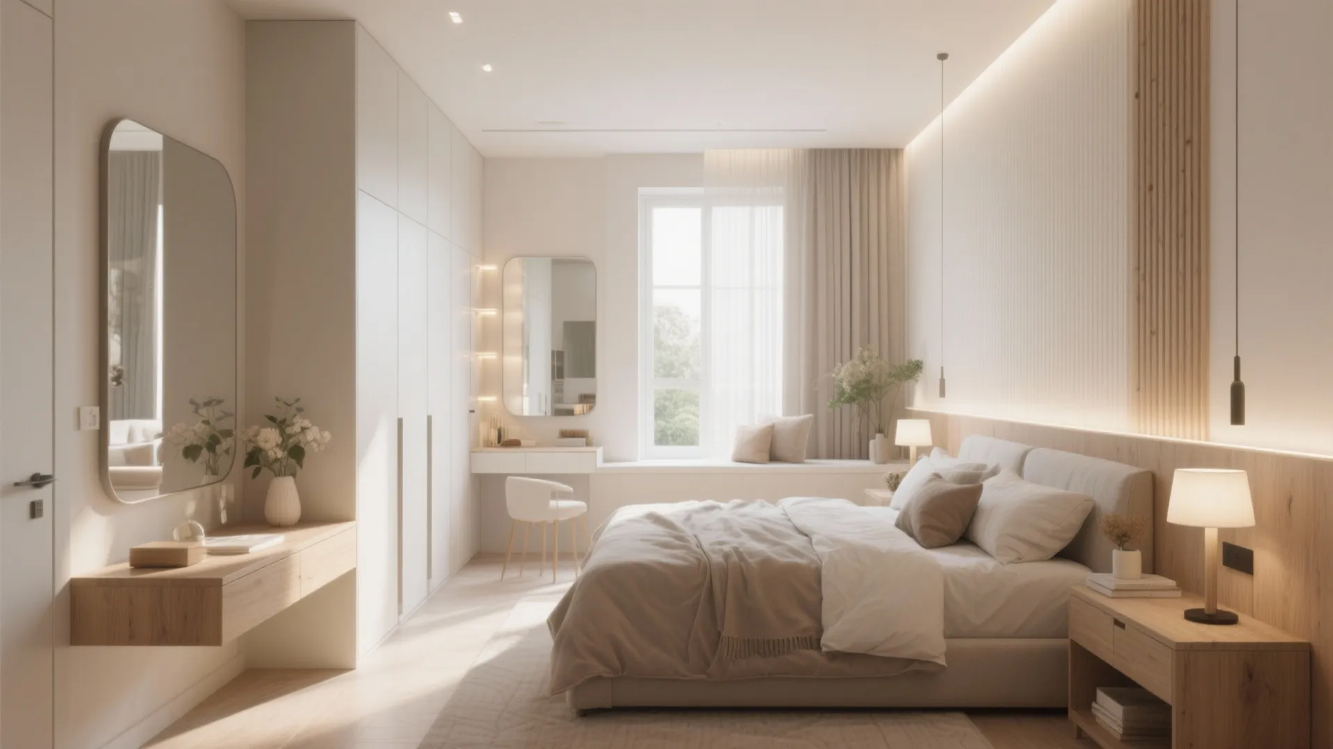 Modern bright bedroom featuring white closets desk mirror beige bed and a large window seat