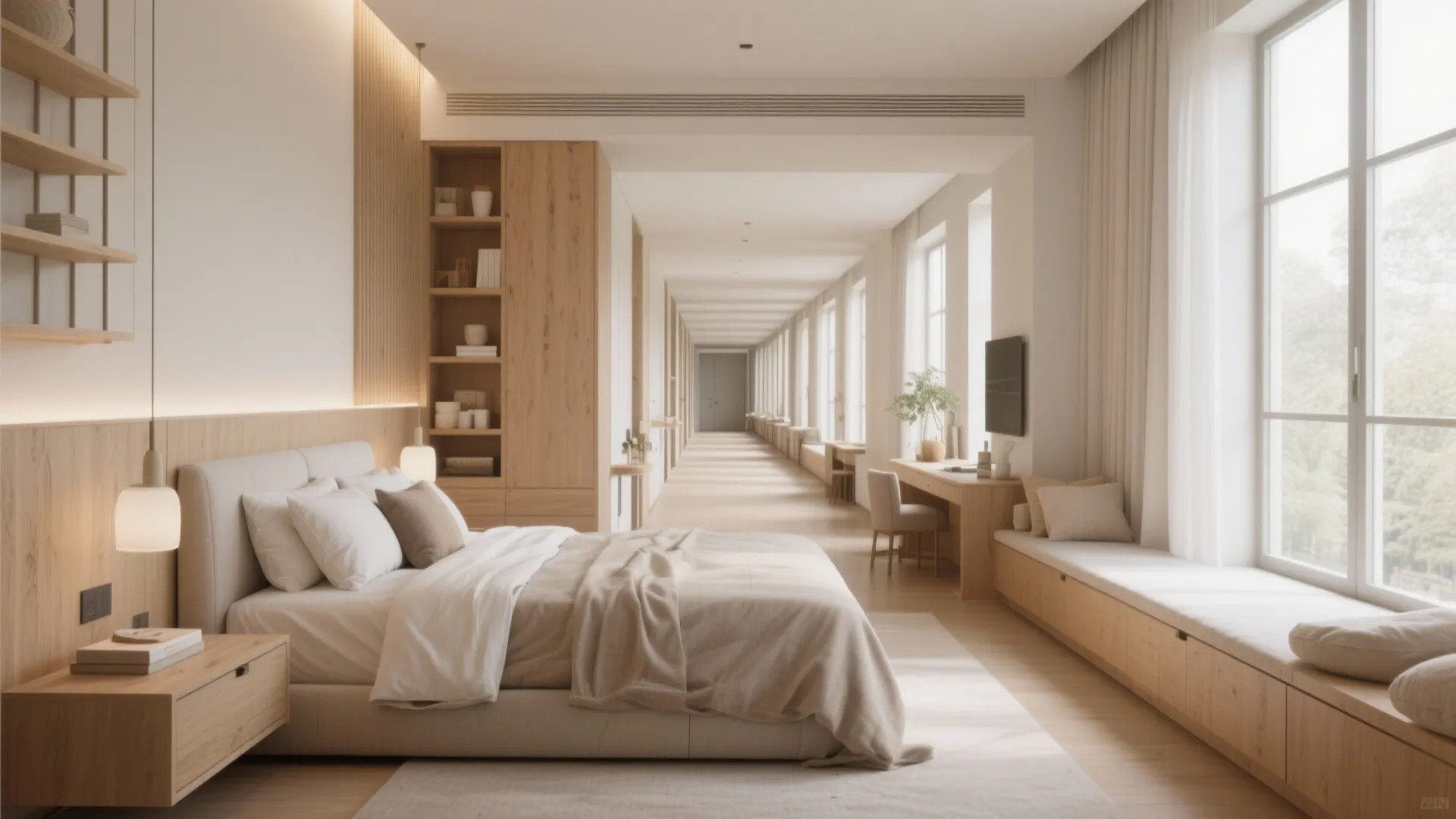 Spacious bedroom with comfortable bed, wooden cabinets, and long window bench stretching down a hallway
