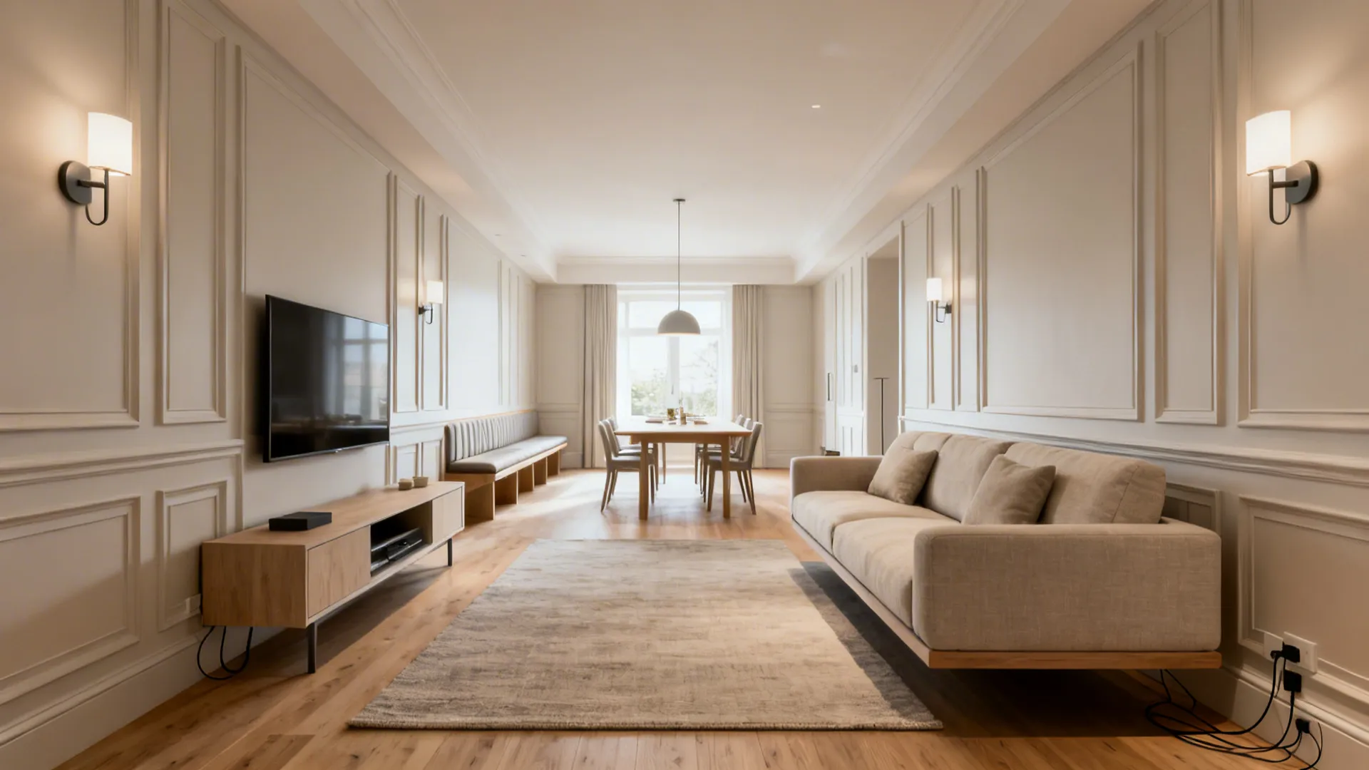 Modern living room featuring beige sofa wooden floor rug dining table and warm wall lighting fixtures