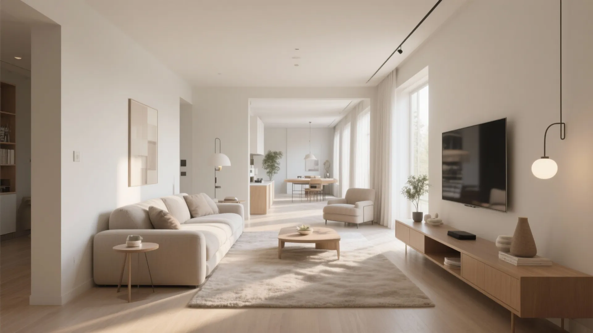 Modern minimalist living room featuring a cream sofa wooden coffee table television and bright natural sunlight