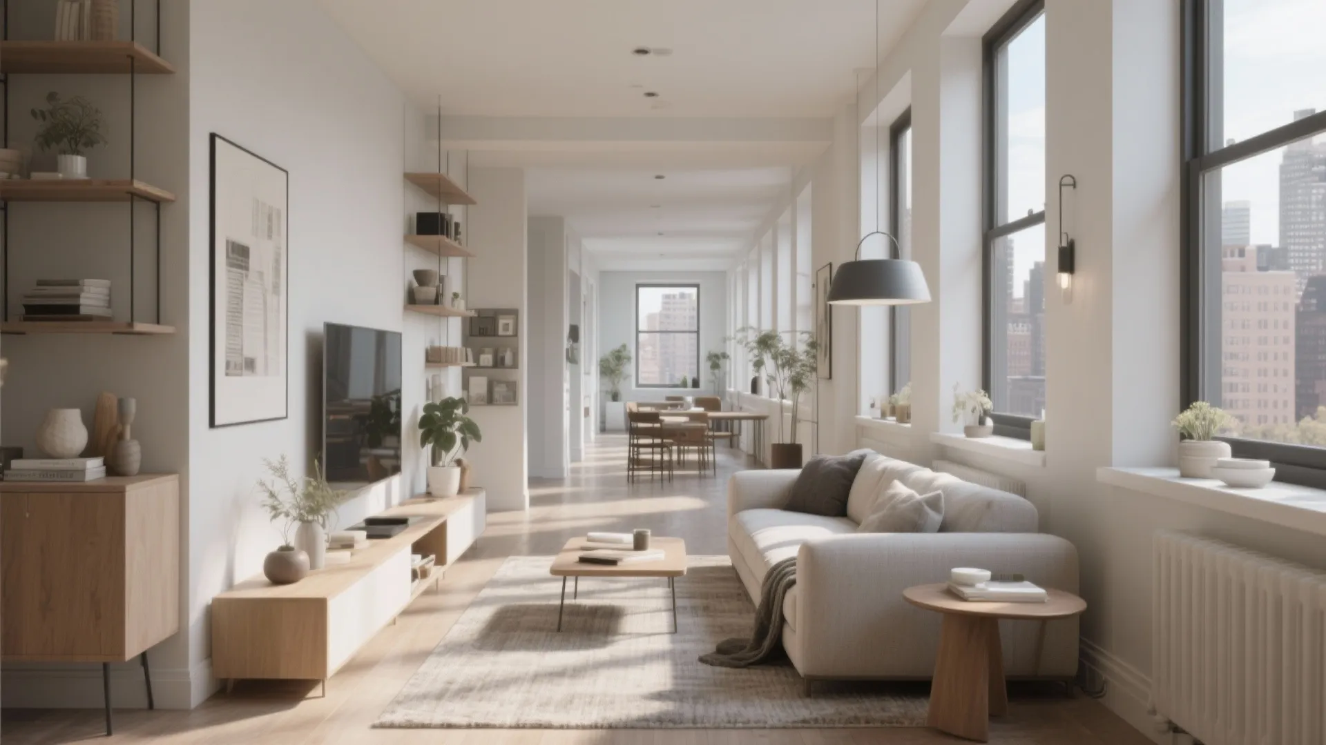 Bright open living area with white sofa wooden cabinet wall shelves and large windows with view