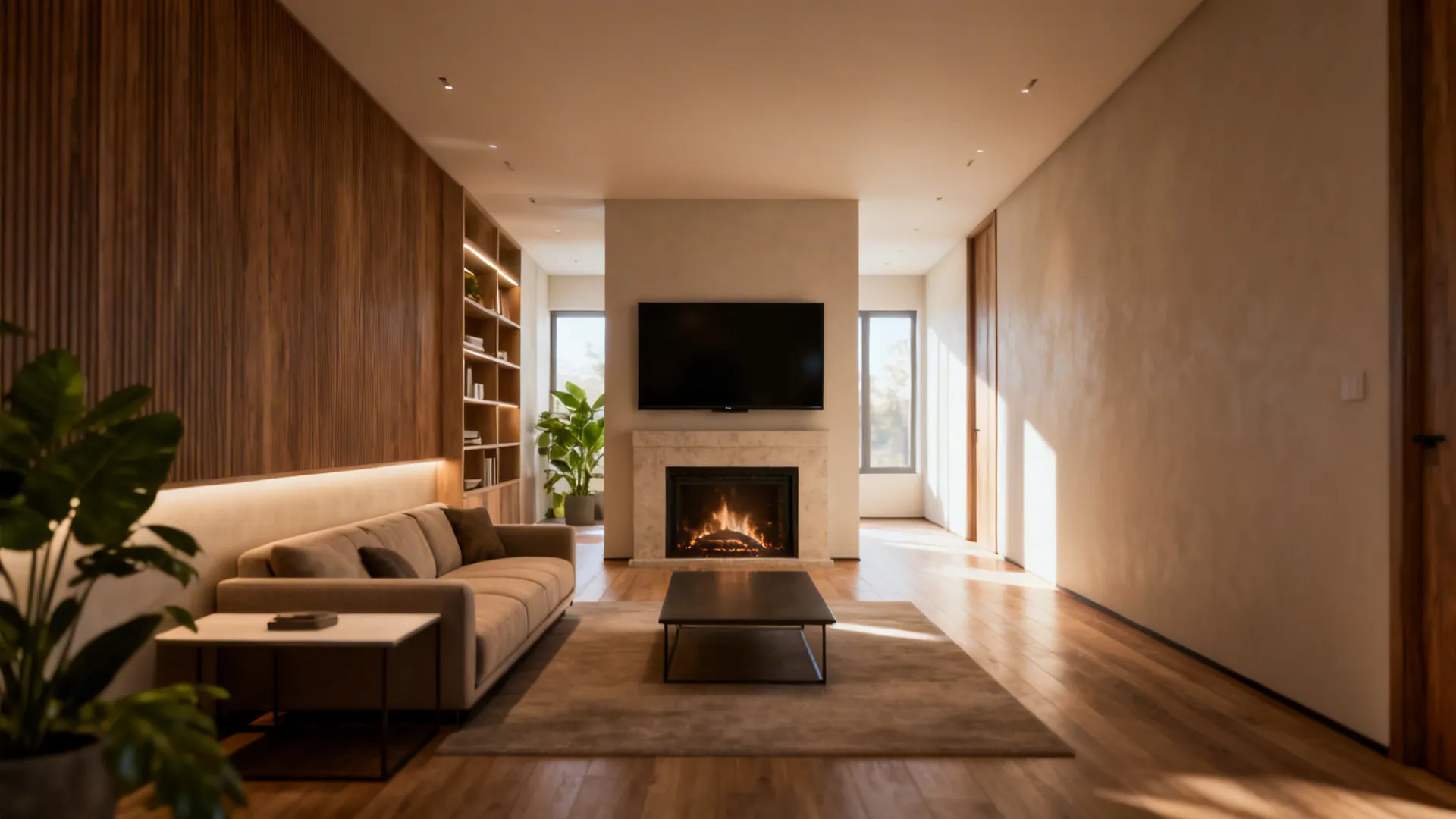 Long narrow living room with sofa wood wall panel fireplace television and warm indoor lighting