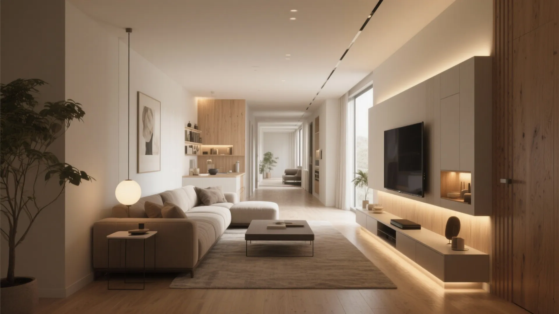 Bright open plan living room with beige sofa plus television and warm light under cabinets