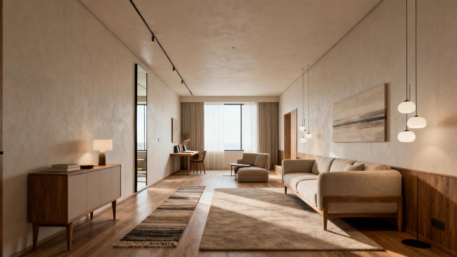 Minimalist long living room with beige sofa, wooden cabinet, desk, rug, and bright natural light