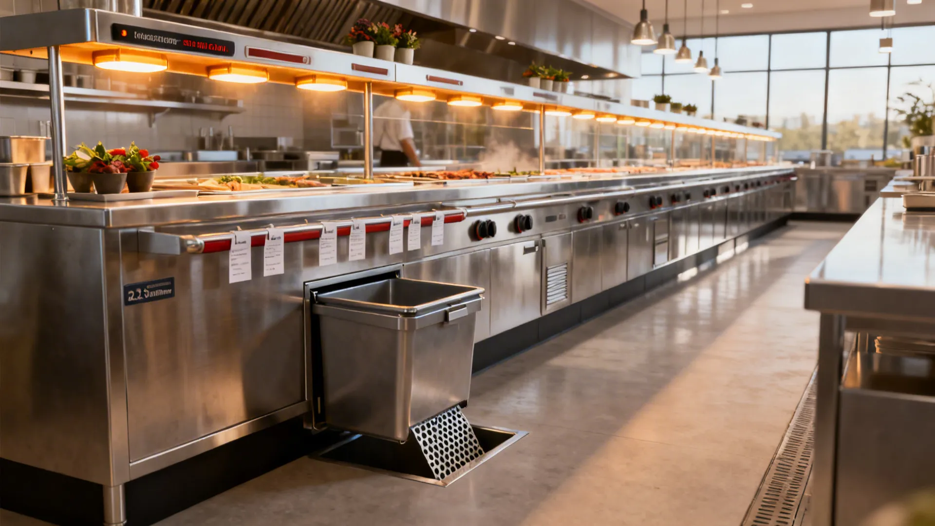 Long stainless pass with heat shelf, low-boy garnishes, ticket rail, and integrated scrap chute.