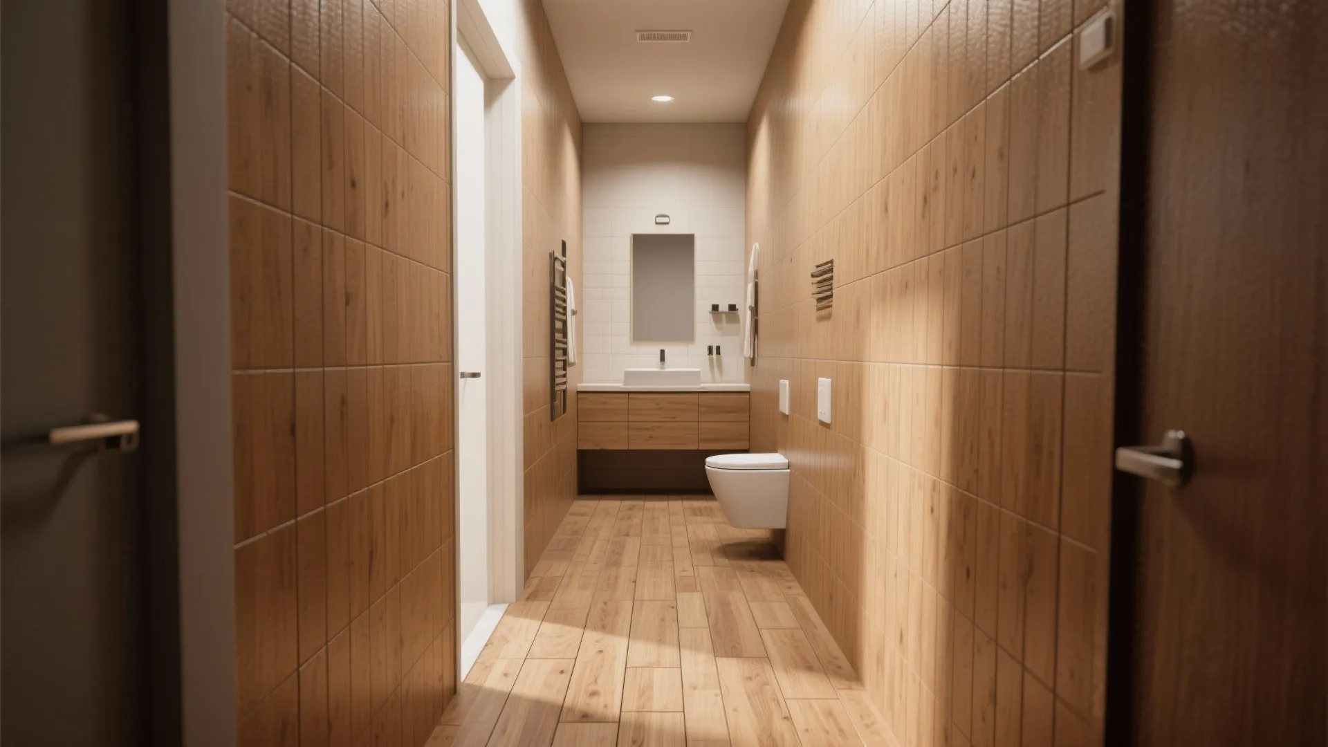 Compact bathroom with long narrow wood-look planks laid toward the doorway to elongate space