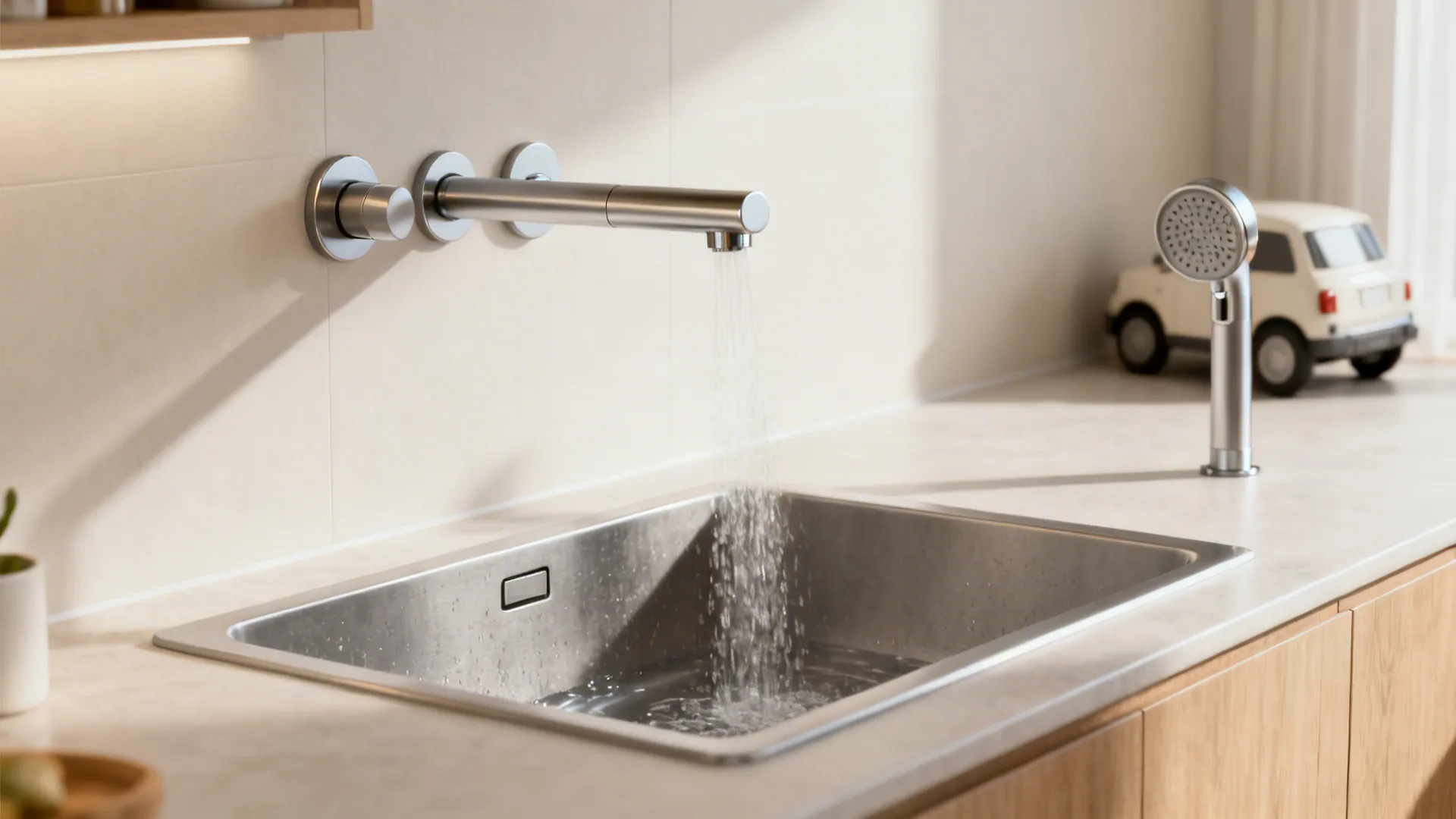 Wall-mount faucet with long fixed spout covering a deep single-bowl sink.