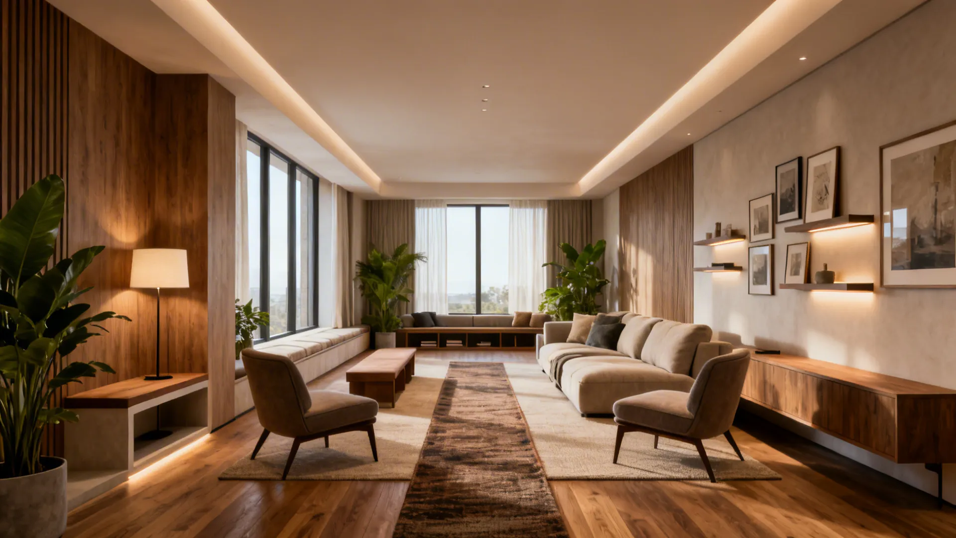 Long living room with beige sofa, two chairs, wood floors, gallery wall, and green plants
