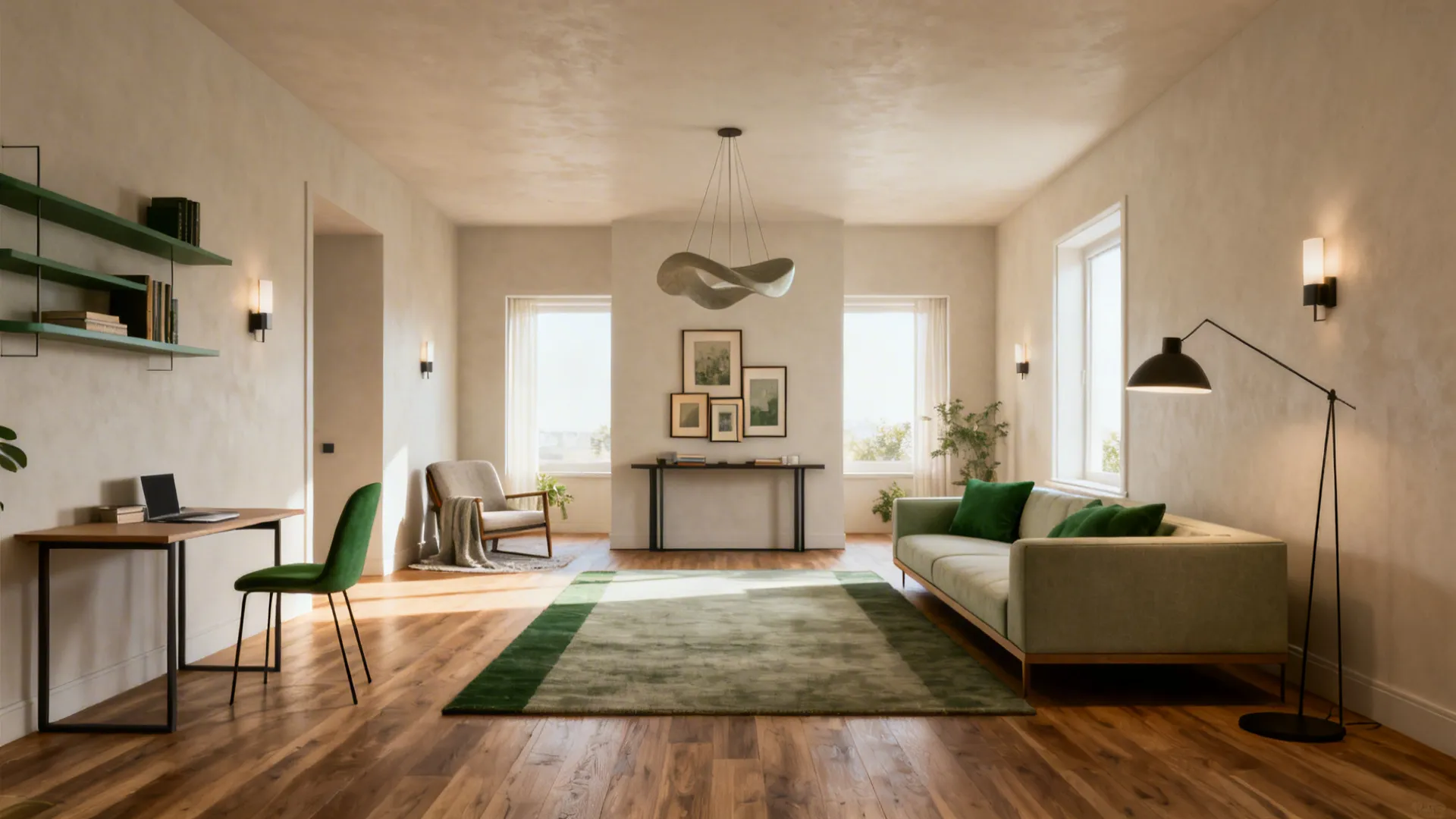 Spacious living room with wood floors green rug light green sofa desk and bright natural light