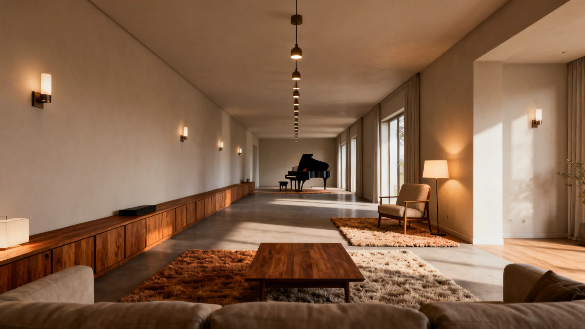 Spacious long living room with wooden cabinets grand piano row of ceiling lights and armchair