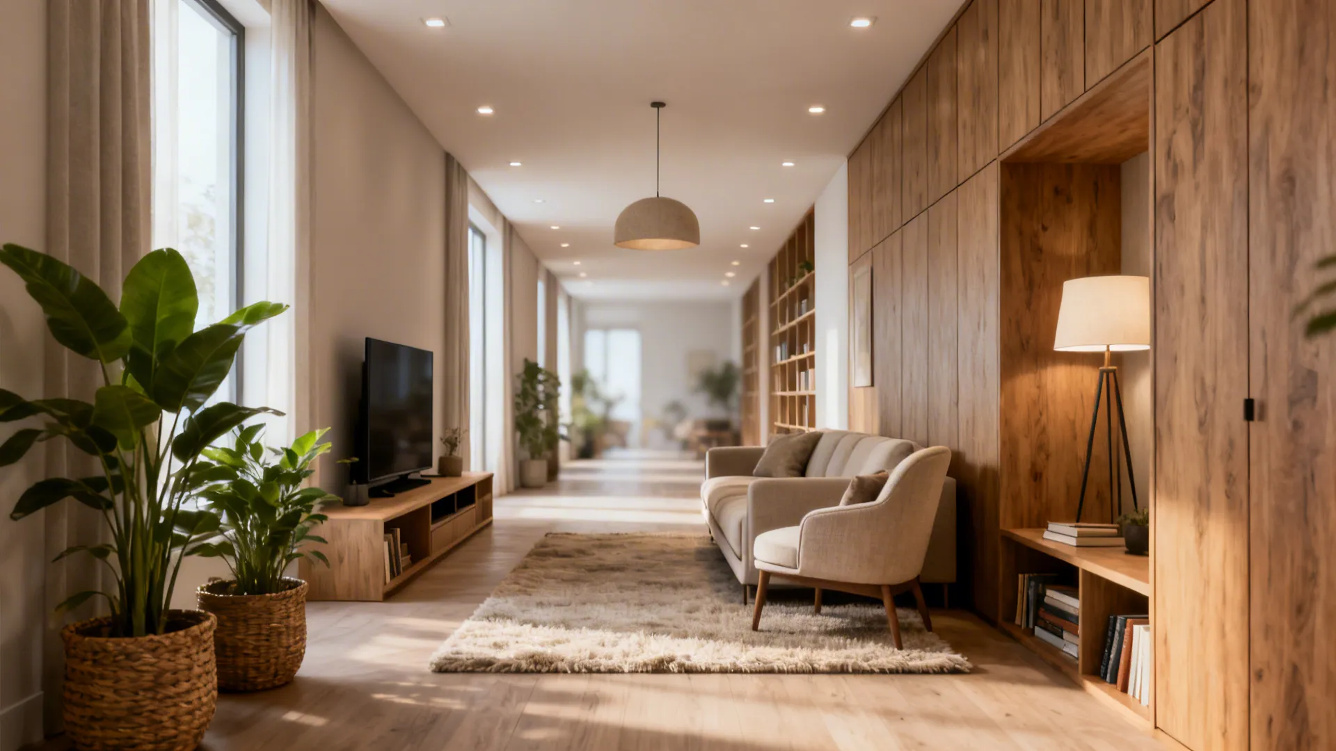 Long narrow room with wooden wall cabinet beige sofa and plants in baskets near windows