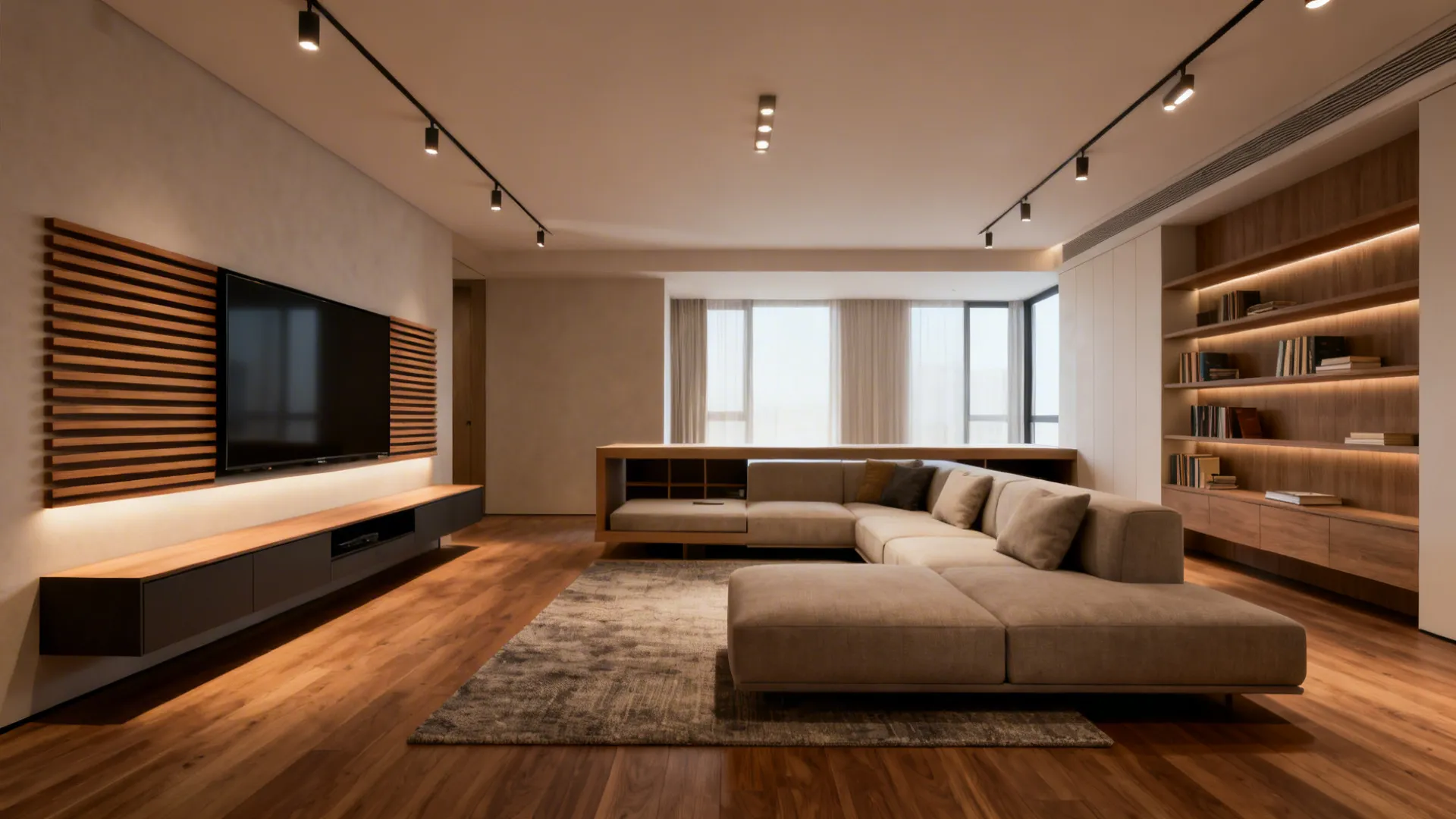 Spacious living room featuring wood flooring wall mounted television bookshelf and large comfortable beige sofa