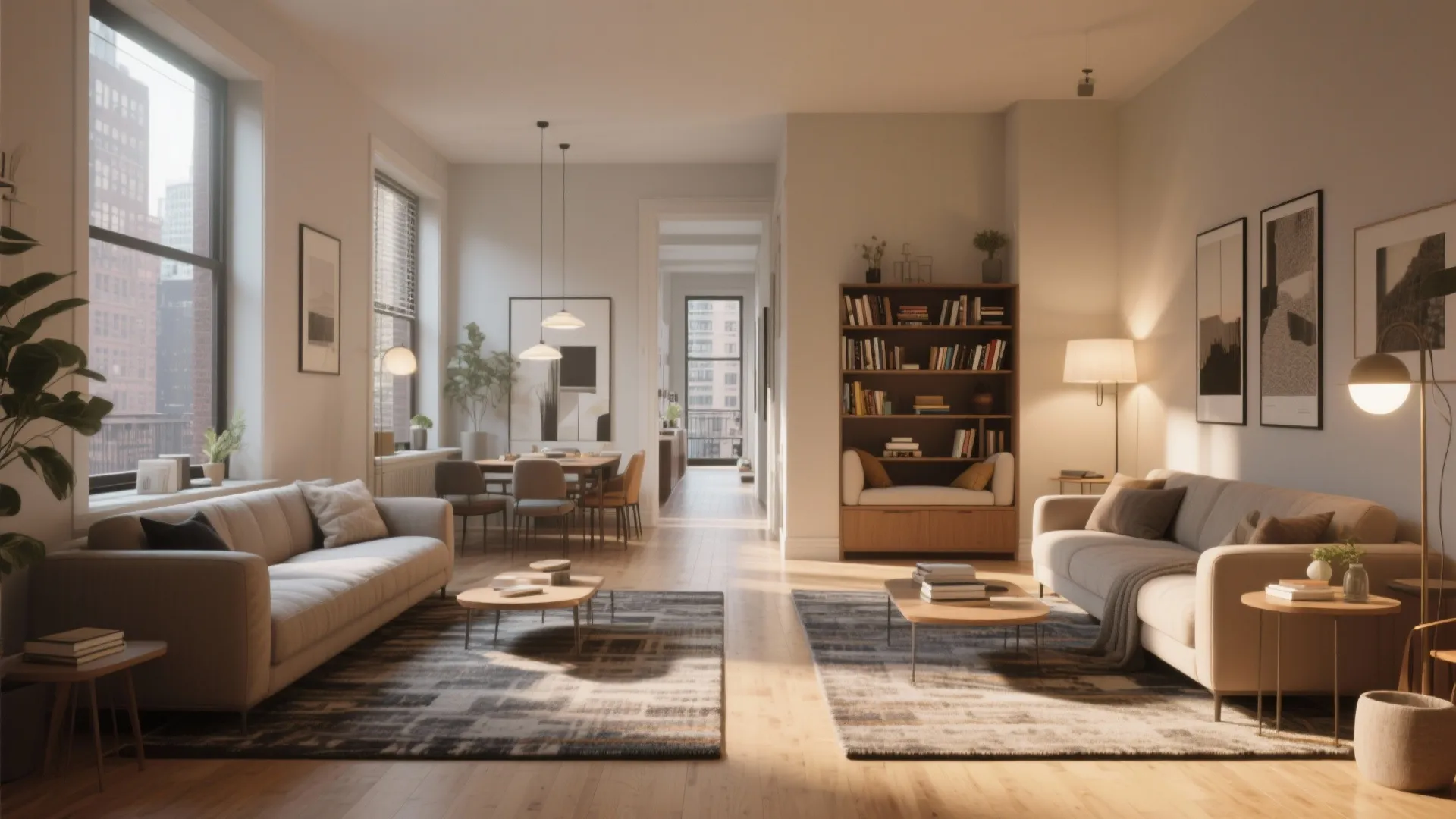 Long open living room layout with two separate seating areas beige sofas and wooden bookshelves