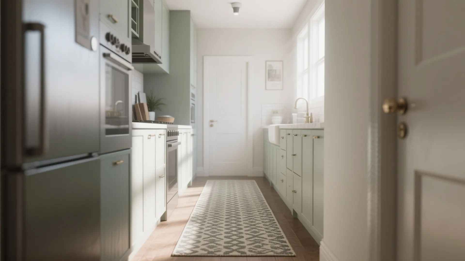 Narrow galley kitchen with a long subtle-patterned runner rug