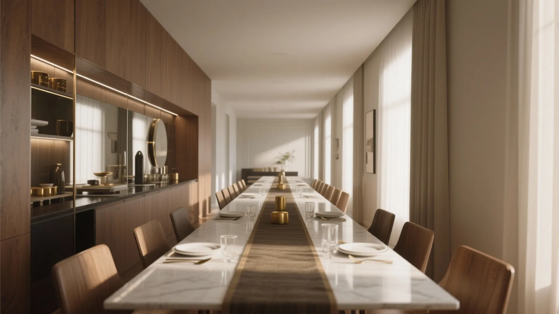 Long marble dining table with brown runner wooden chairs wall cabinet and bright natural window light
