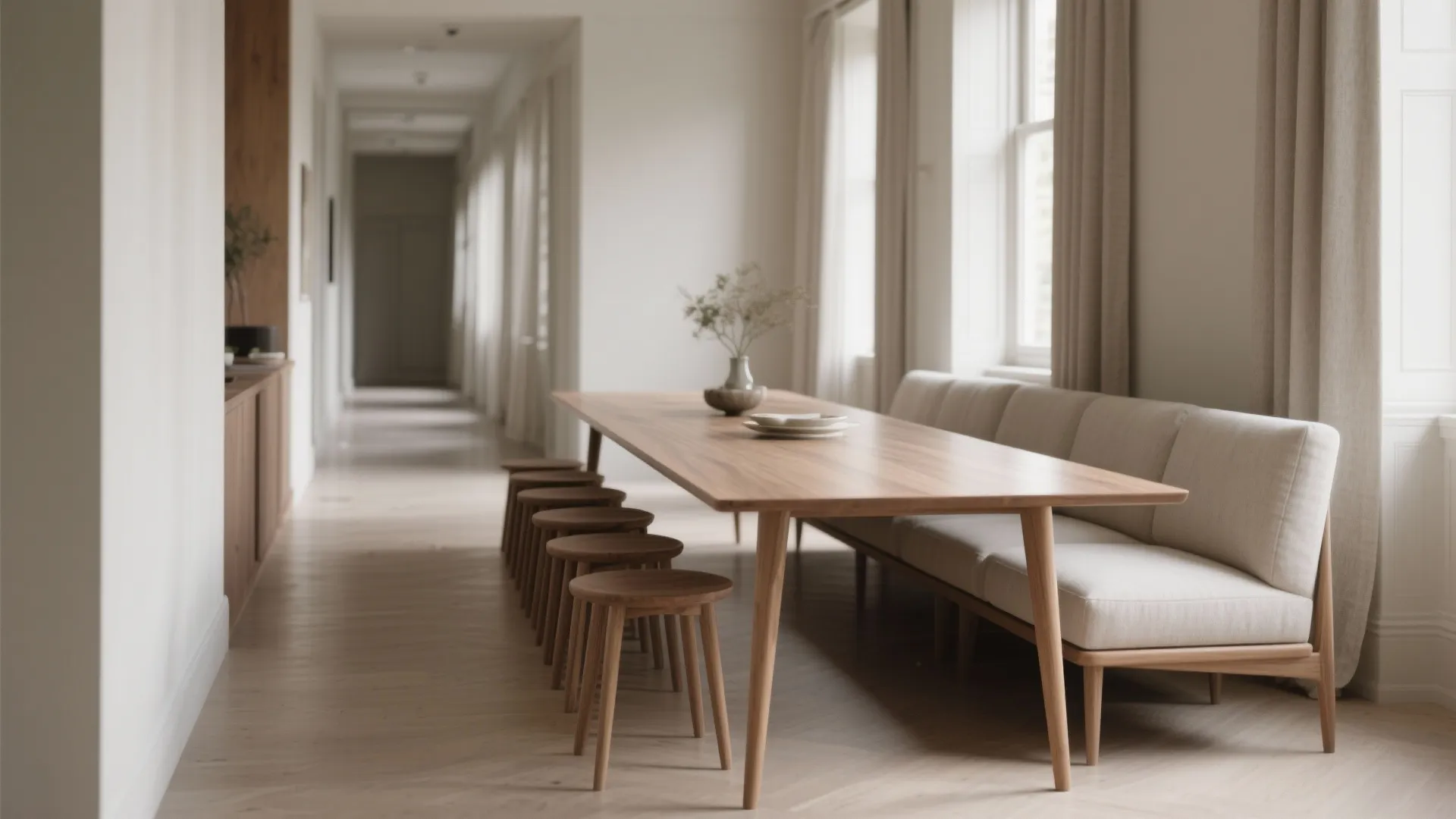 Hall-like dining area with a long slim rectangle table and stools showing clear sightlines and circulation.