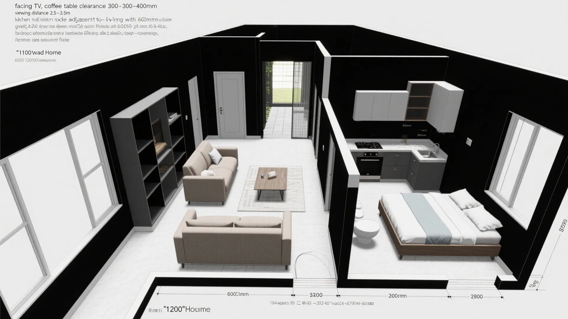 Top-down CAD plan with a corridor spine ending at a pocket courtyard